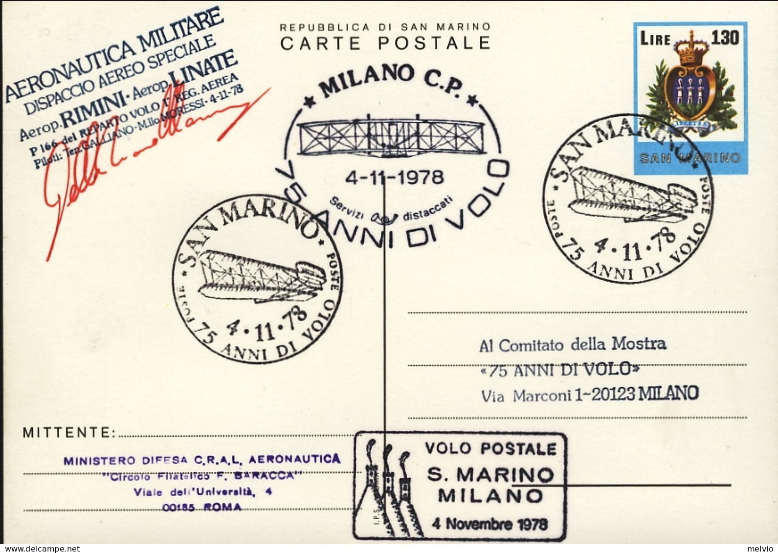 San Marino-1978 "75 Anni Di Volo" Bollo Aeronautica Militare Dispaccio Aereo Spe - Luftpost