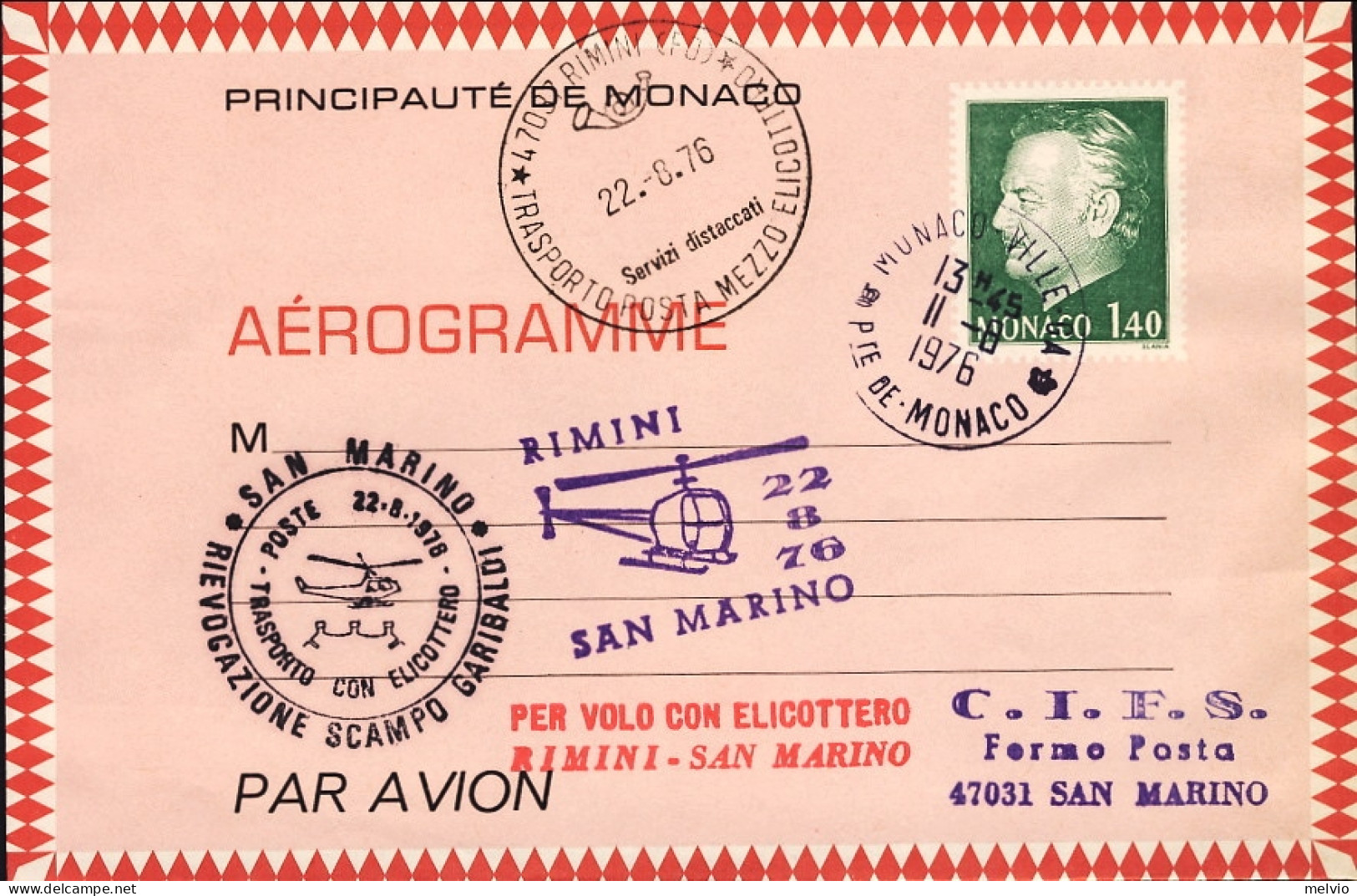 1976-Monaco Rievocazione Scampo Garibaldi,trasporto Posta A Mezzo Elicottero Rim - Poste Aérienne