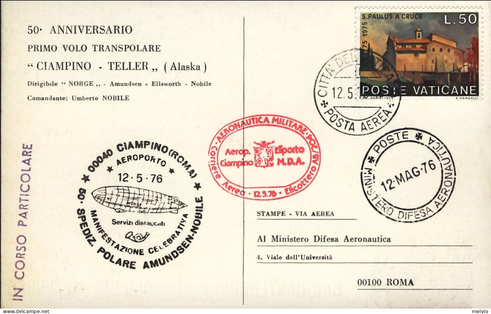 Vaticano-1976 Cinquantenario 1 Sorvolo Del Polo Nord Spedizione Polare Amundsen  - Airmail