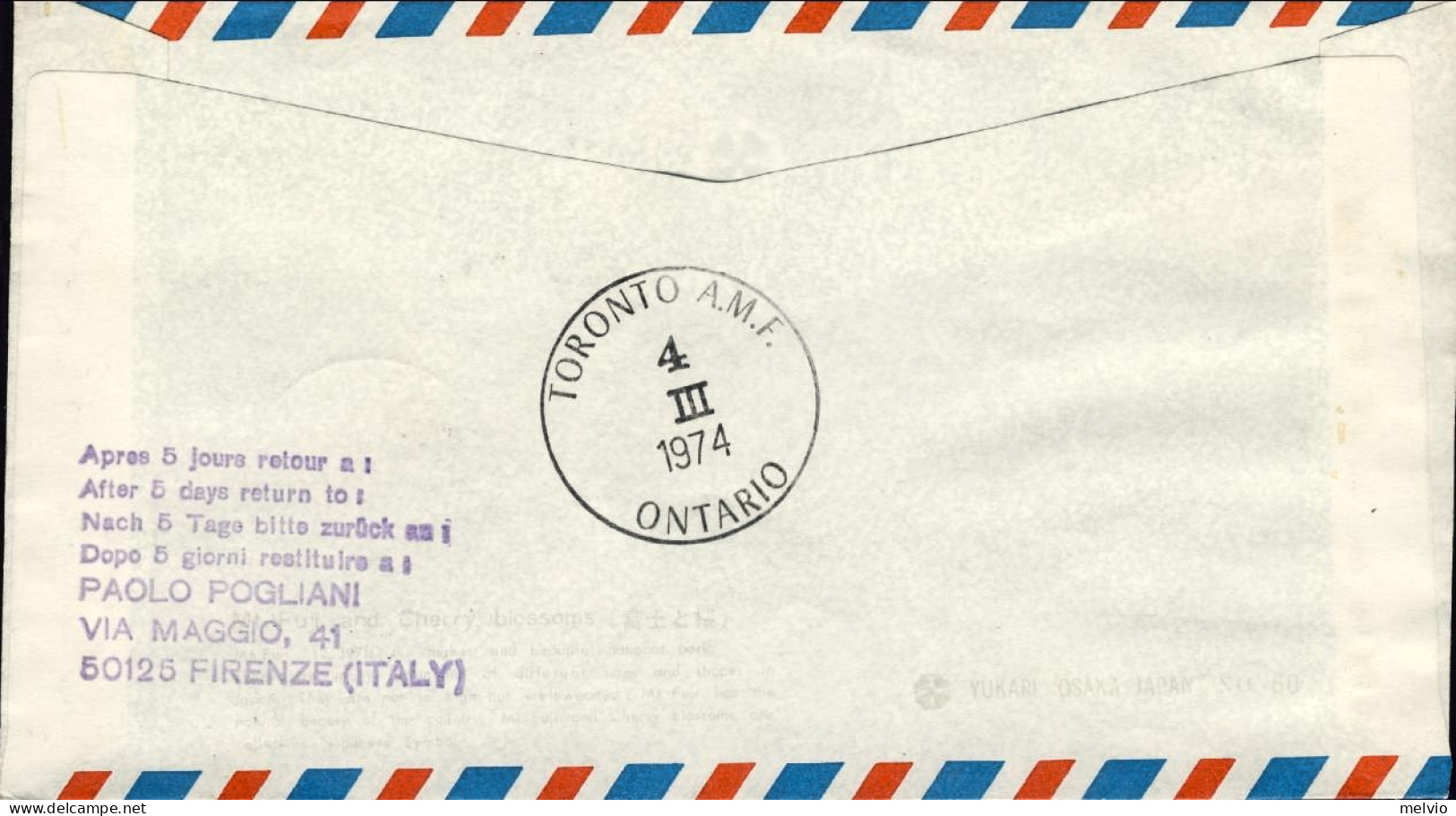 1974-Canadian Pacific I^volo Toronto Milano Del 4 Marzo, - Erst- U. Sonderflugbriefe