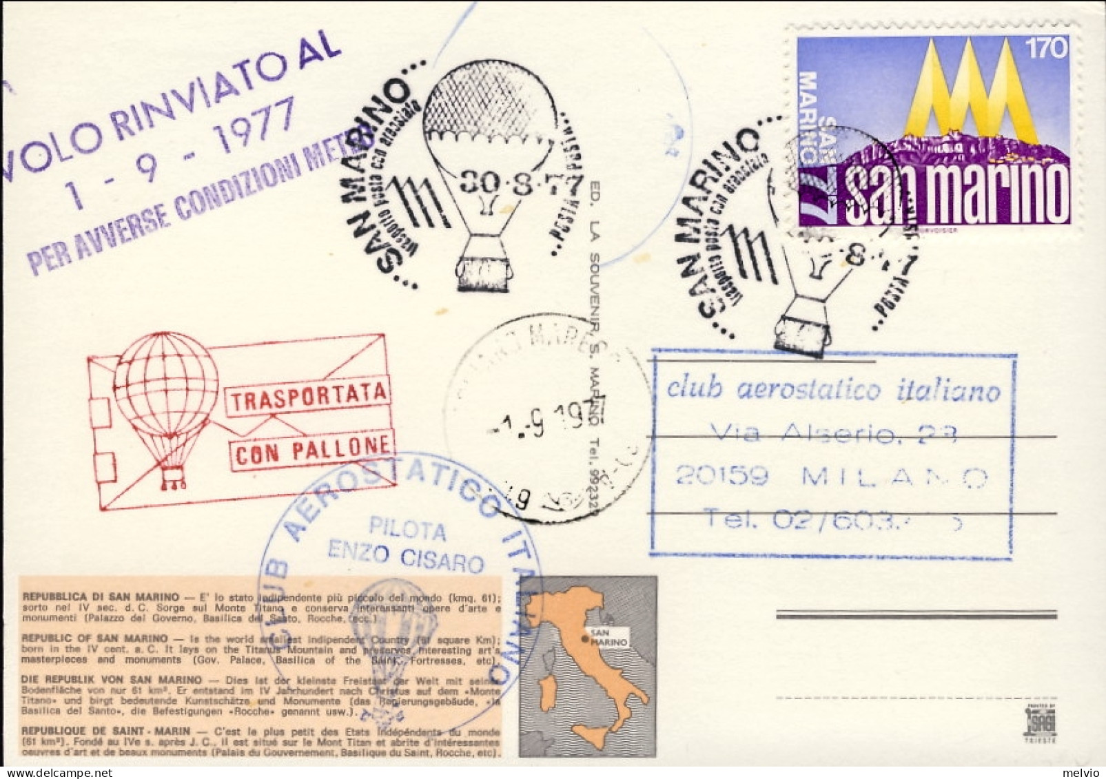 1977-San Marino Cartolina Illustrata Posta Trasportata Con Pallone Volo Rinviato - Luftpost
