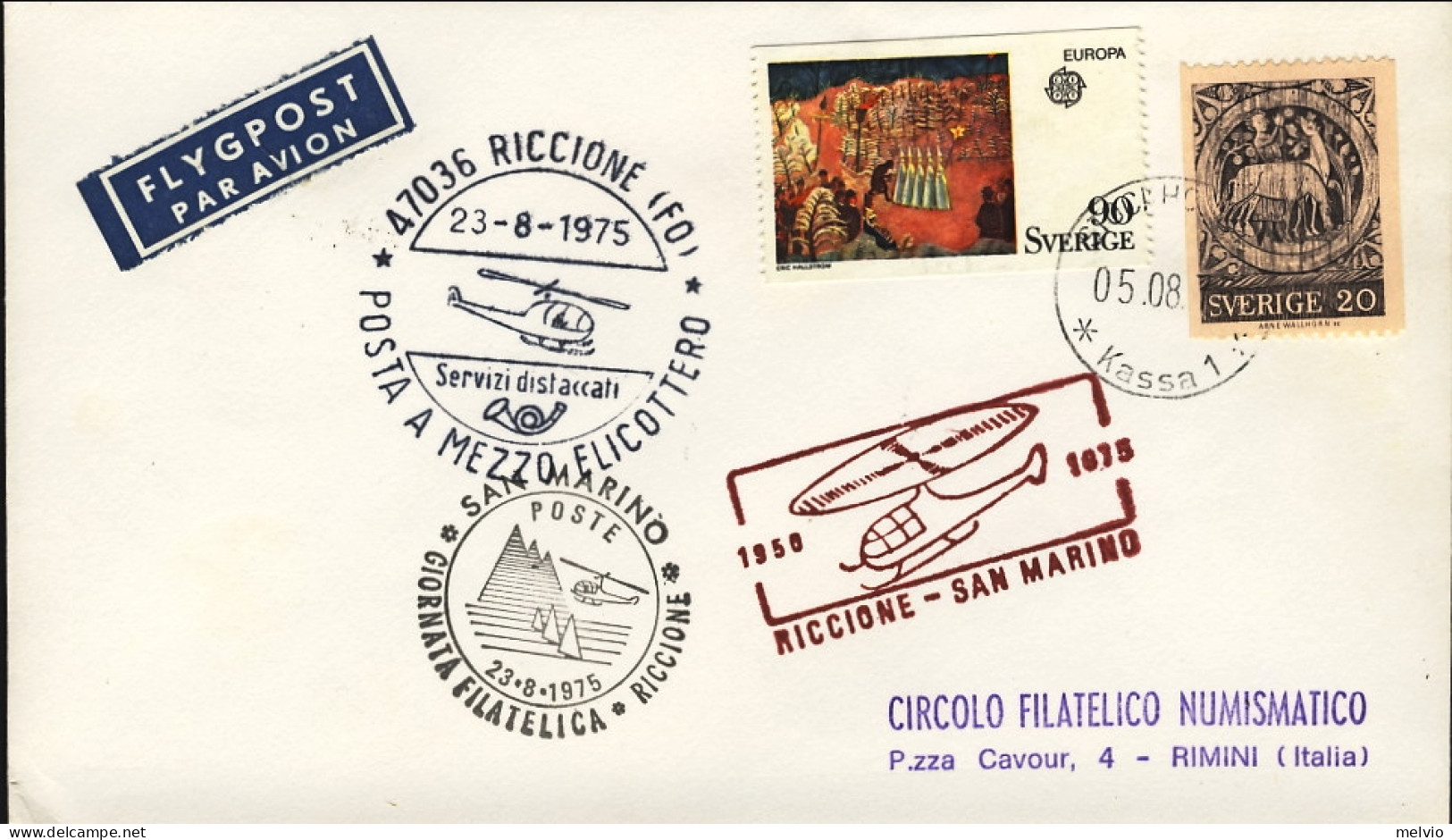 1975-Svezia Giornata Filatelica Riccione Posta A Mezzo Elicottero Riccione San M - Storia Postale