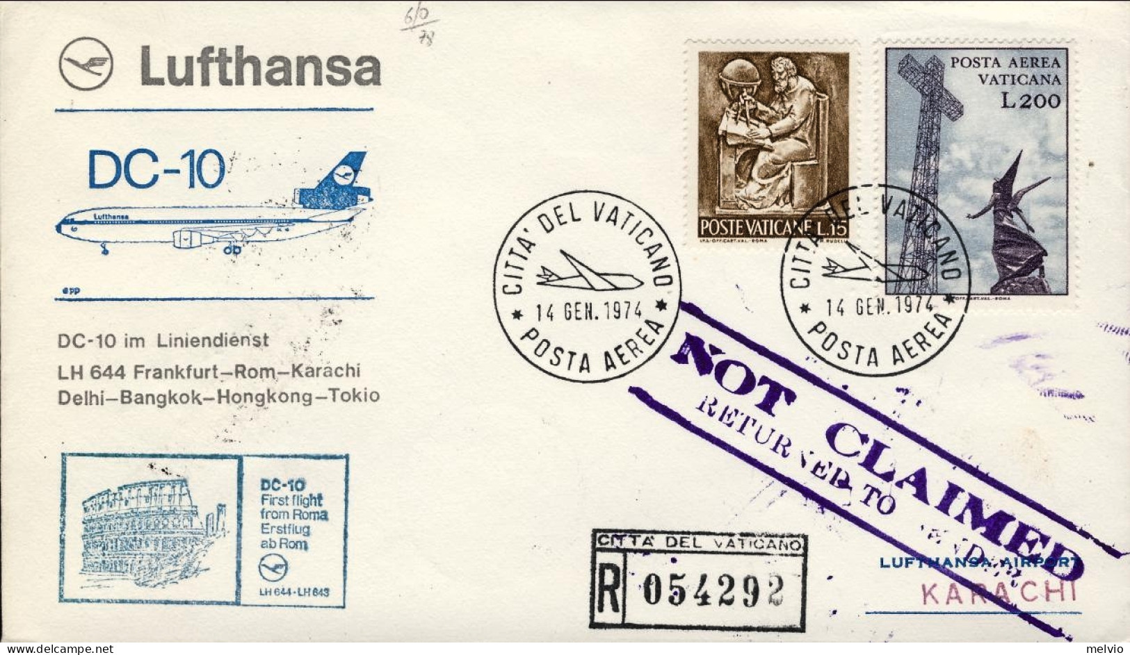 Vaticano-1974 I^volo Lufthansa LH 644 Roma Karachi Del 14 Gennaio (40 Pezzi Tras - Airmail