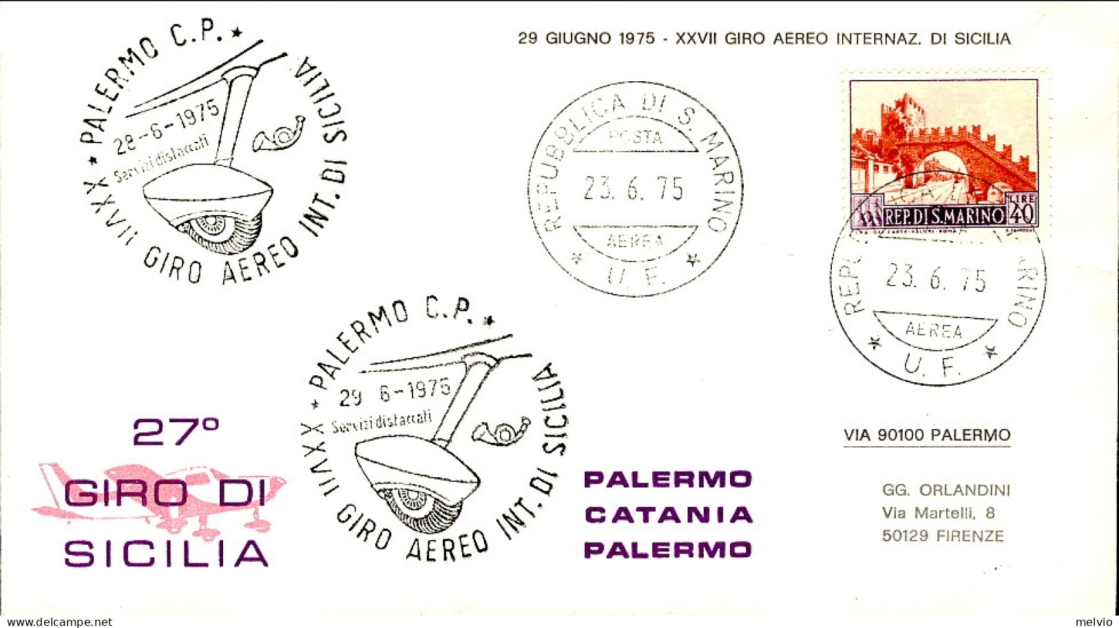 San Marino-1975 Per Il 27^ Giro Di Sicilia Palermo Catania Palermo Del 28 Giugno - Luftpost