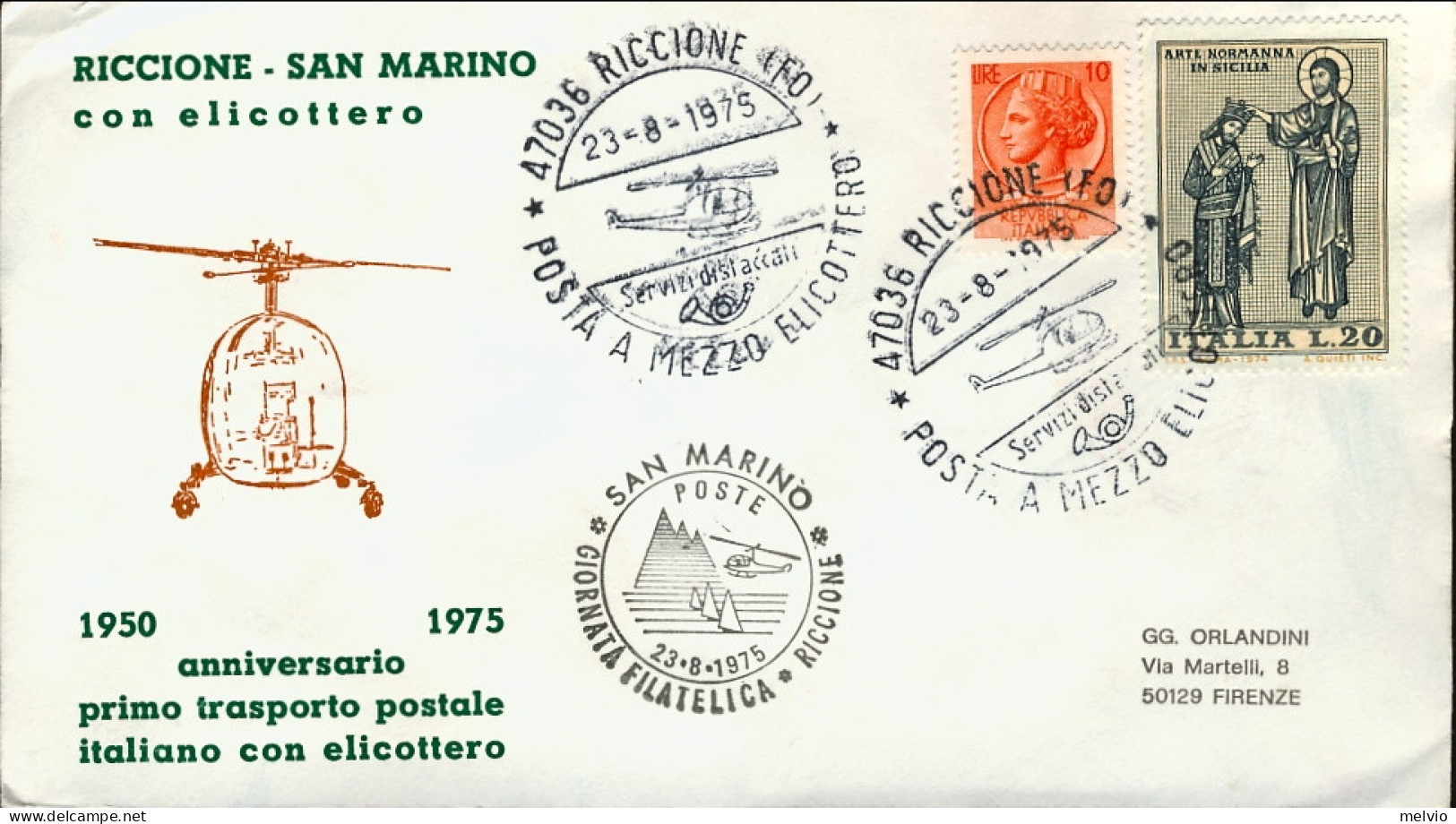 1975-giornata Filatelica Riccione Posta A Mezzo Elicottero Riccione San Marino P - Corréo Aéreo