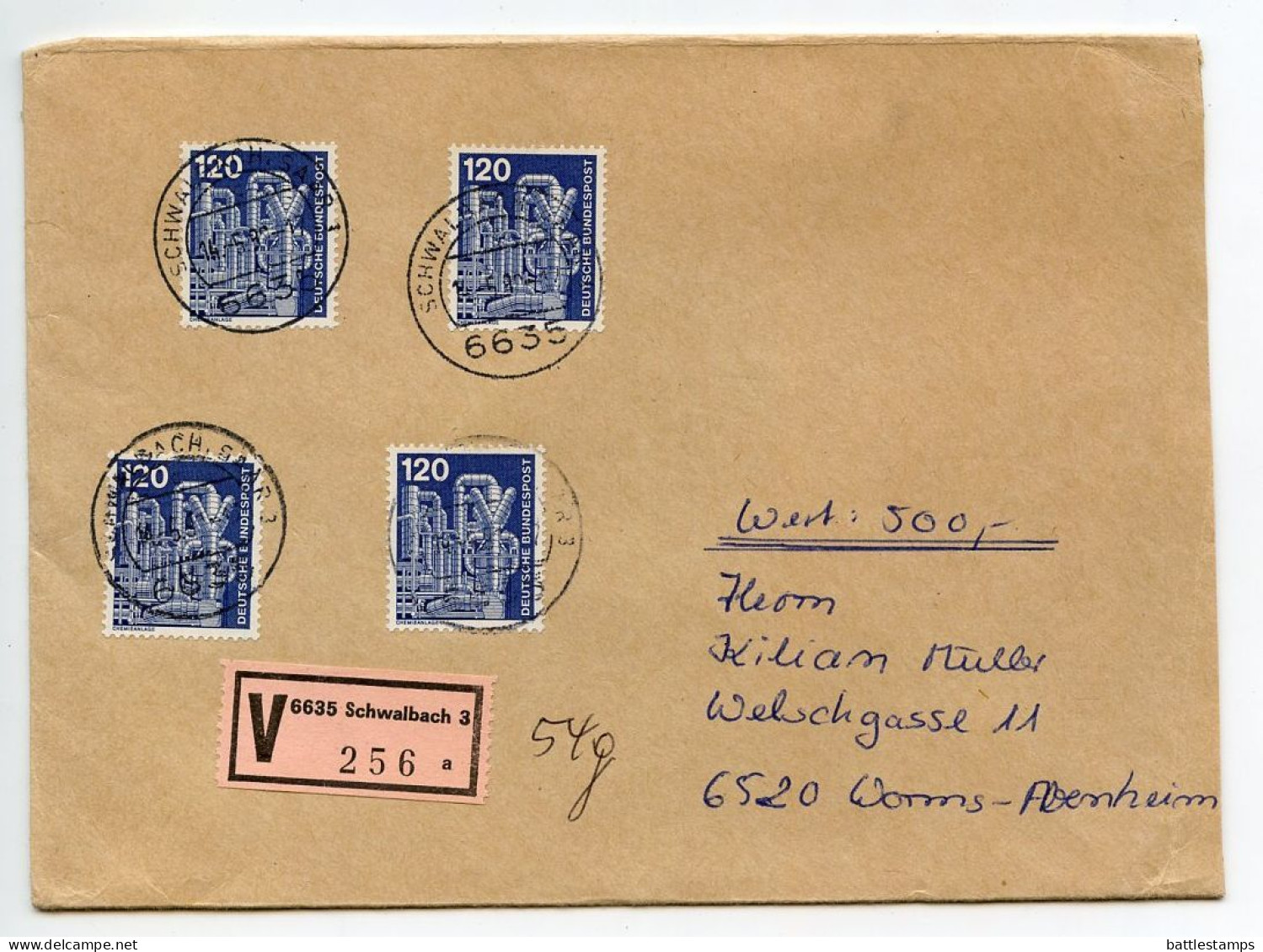 Germany, West 1980 Insured V-Label Cover; Schwalbach To Worms-Abenheim; Stamps - 120pf. Chemical Plant (x4) - Briefe U. Dokumente