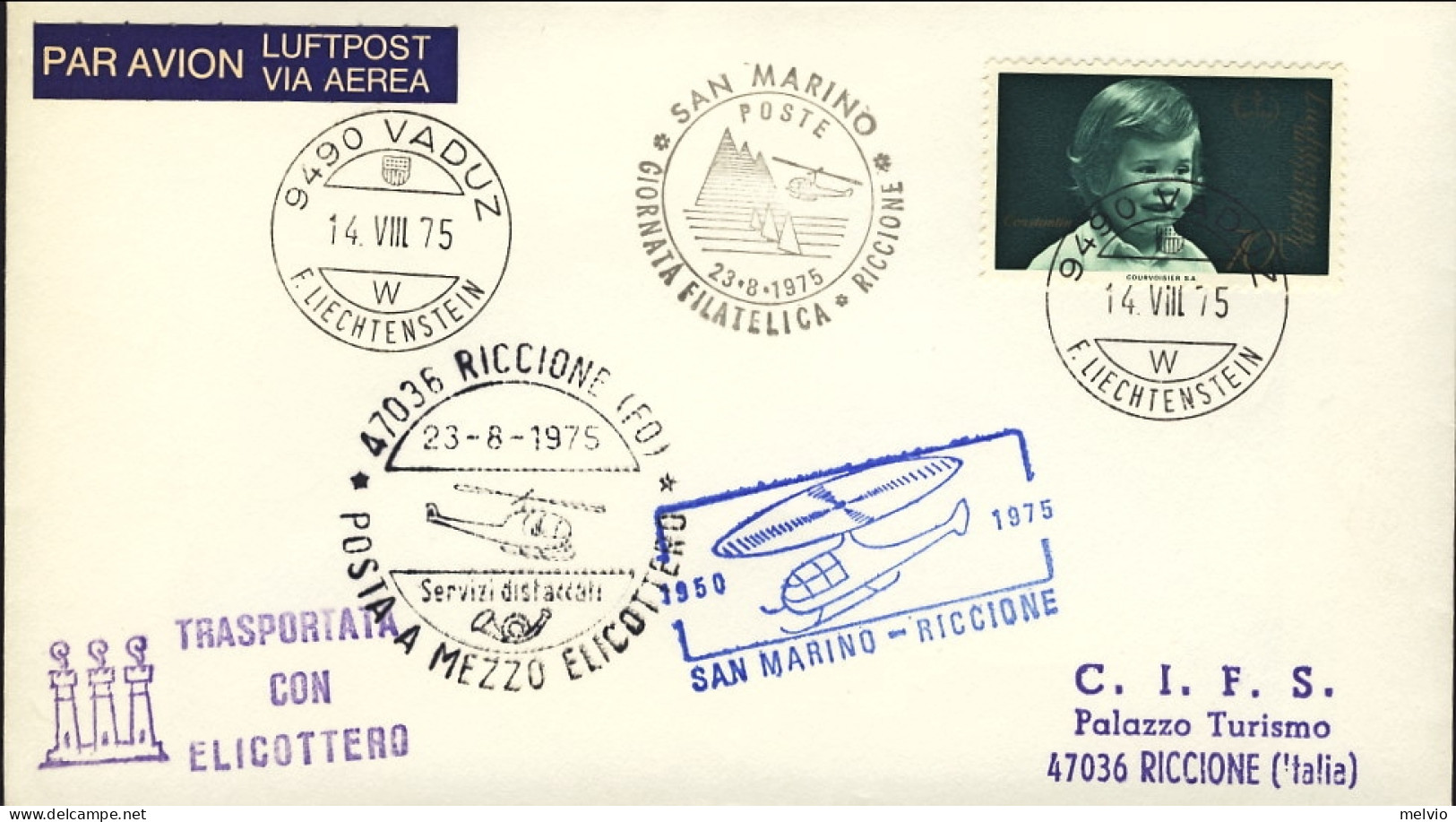 1975-Liechtenstein 25^ Anniversario Posta A Mezzo Elicottero Riccione-San Marino - Poste Aérienne