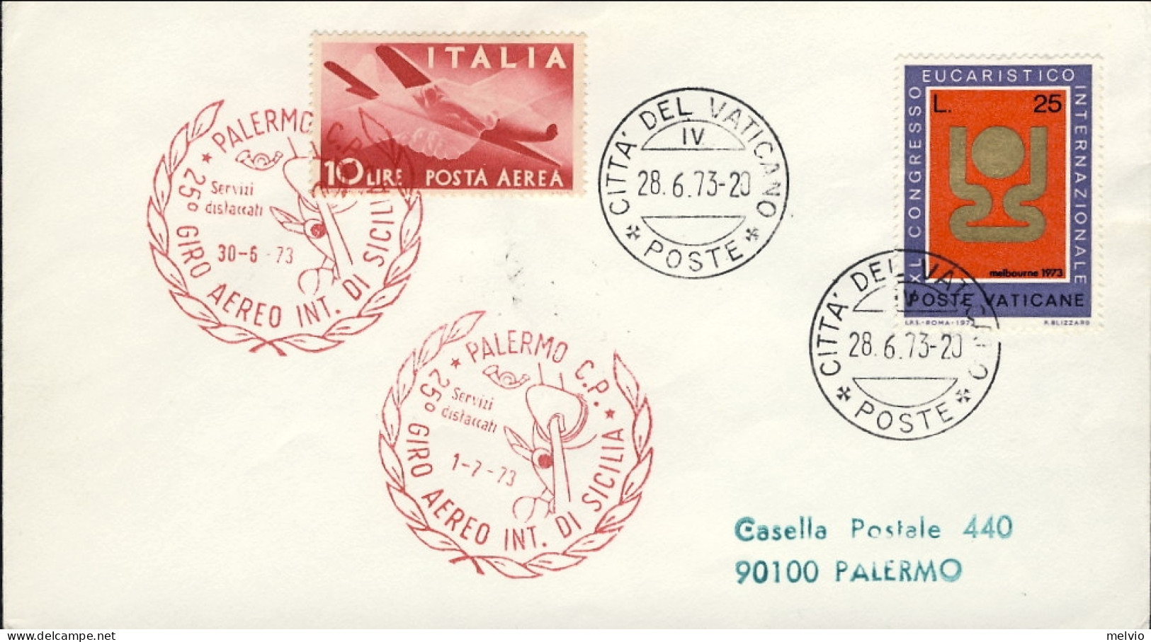 Vaticano-1973 Per Il 25 Giro Aereo Internazionale Di Sicilia Del 30 Giugno Tappa - Poste Aérienne