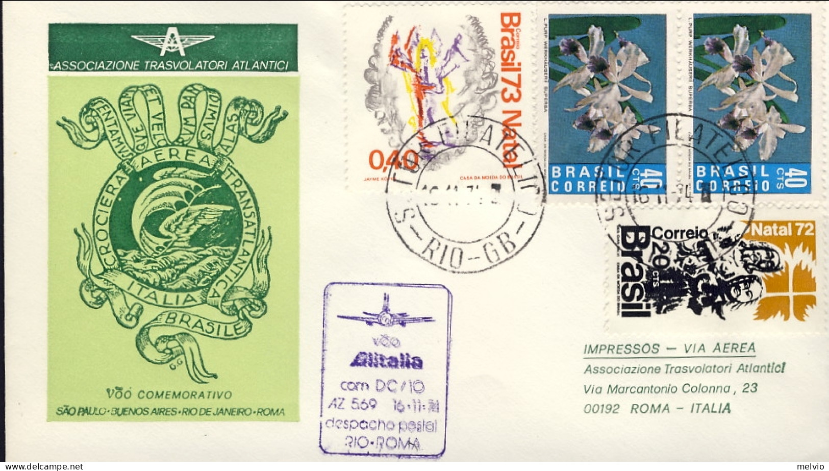 1974-Brasile Dell'associazione Trasvolatori Atlantici Dispaccio Postale Volo Ali - Airmail