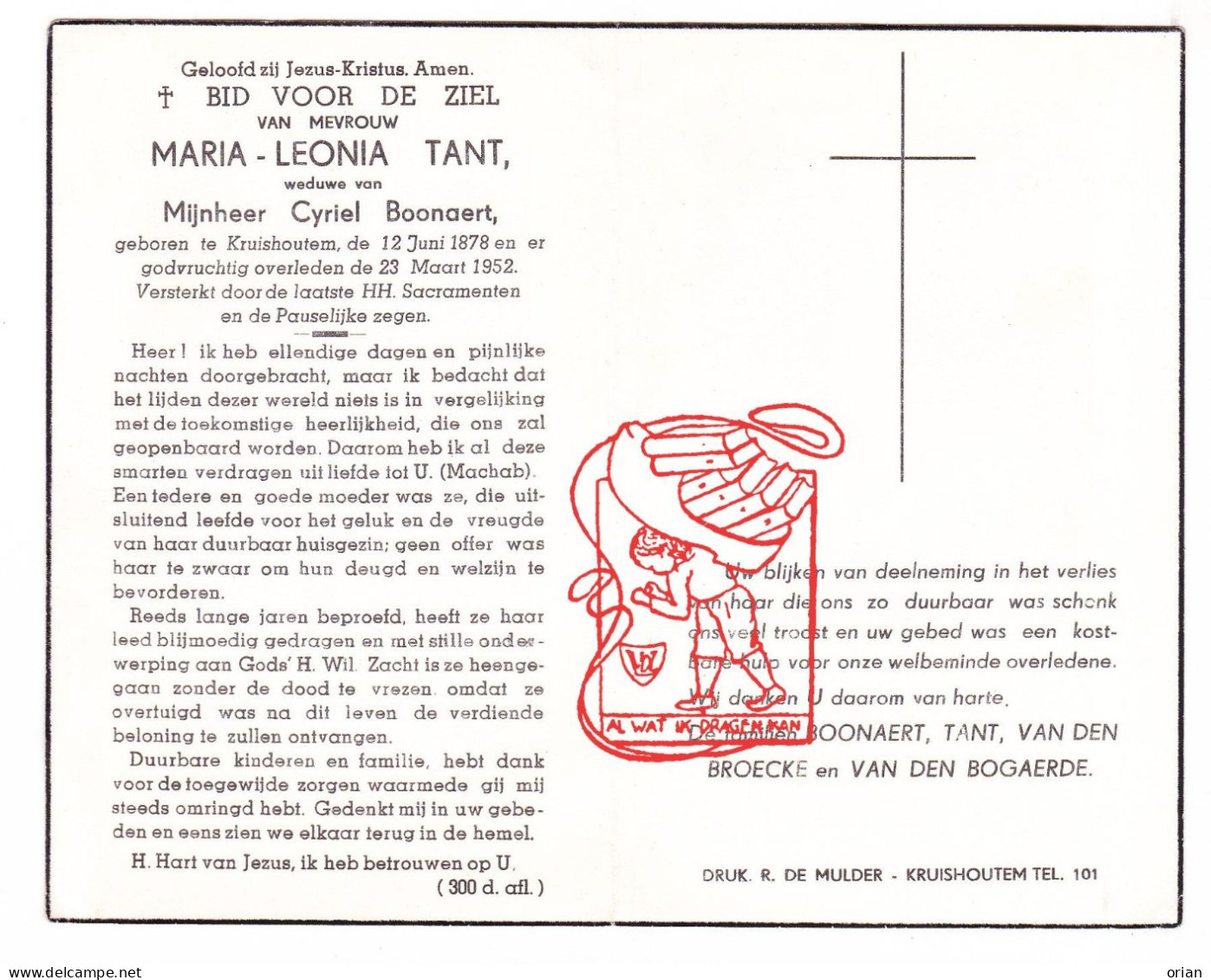 DP Maria Leonia Tant ° Kruishoutem 1878 † 1952 X Cyriel Boonaert // Van Den Broecke Van Den Bogaerde - Andachtsbilder