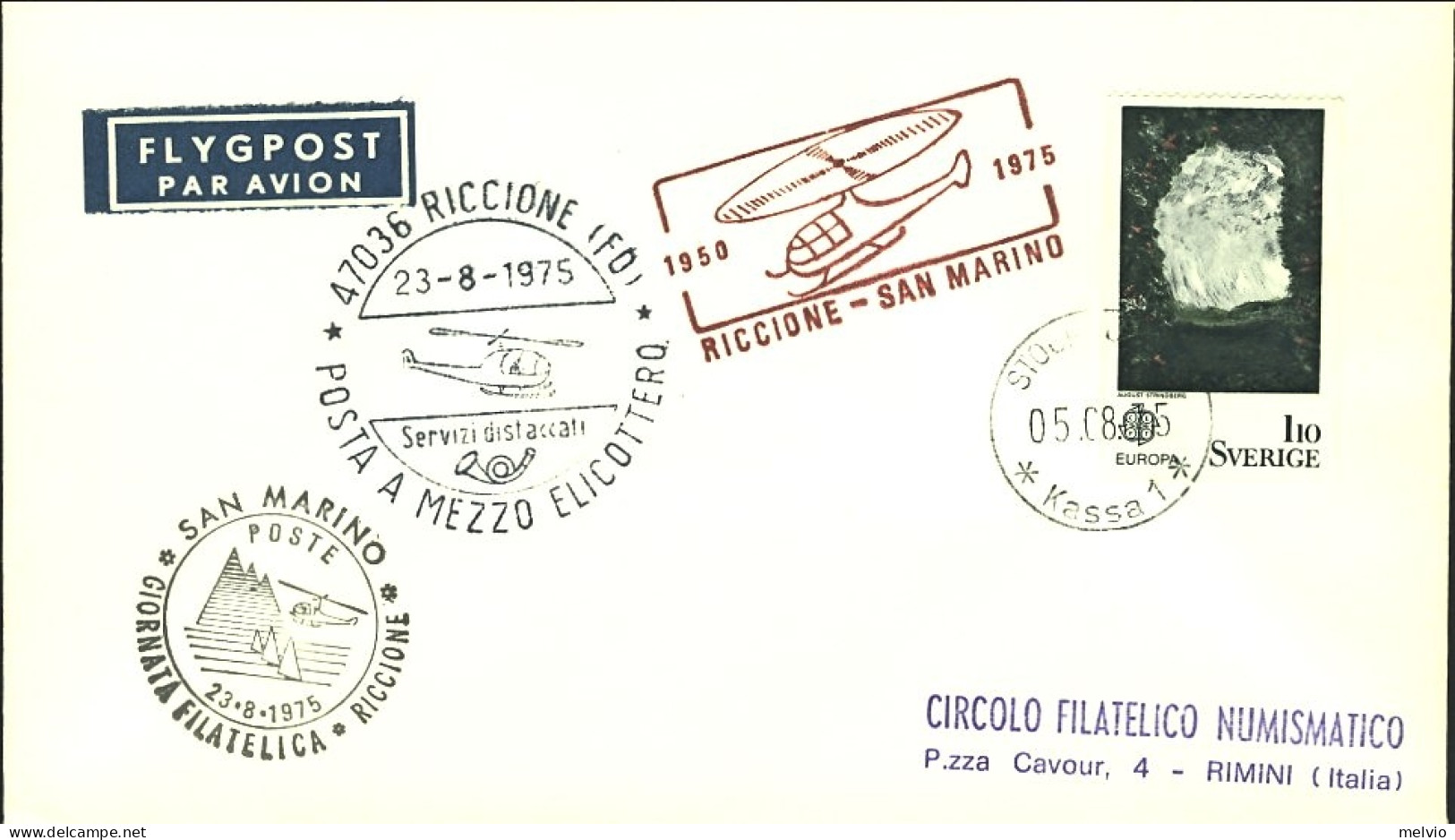 1975-Svezia 25^ Anniversario Posta A Mezzo Elicottero Riccione-San Marino Del 23 - Covers & Documents