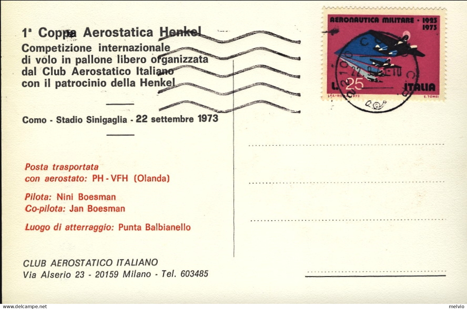 1973-Como Stadio Sinigaglia Cartolina 1 Coppa Aerostatica Henkel Posta Trasporta - 1971-80: Marcophilie