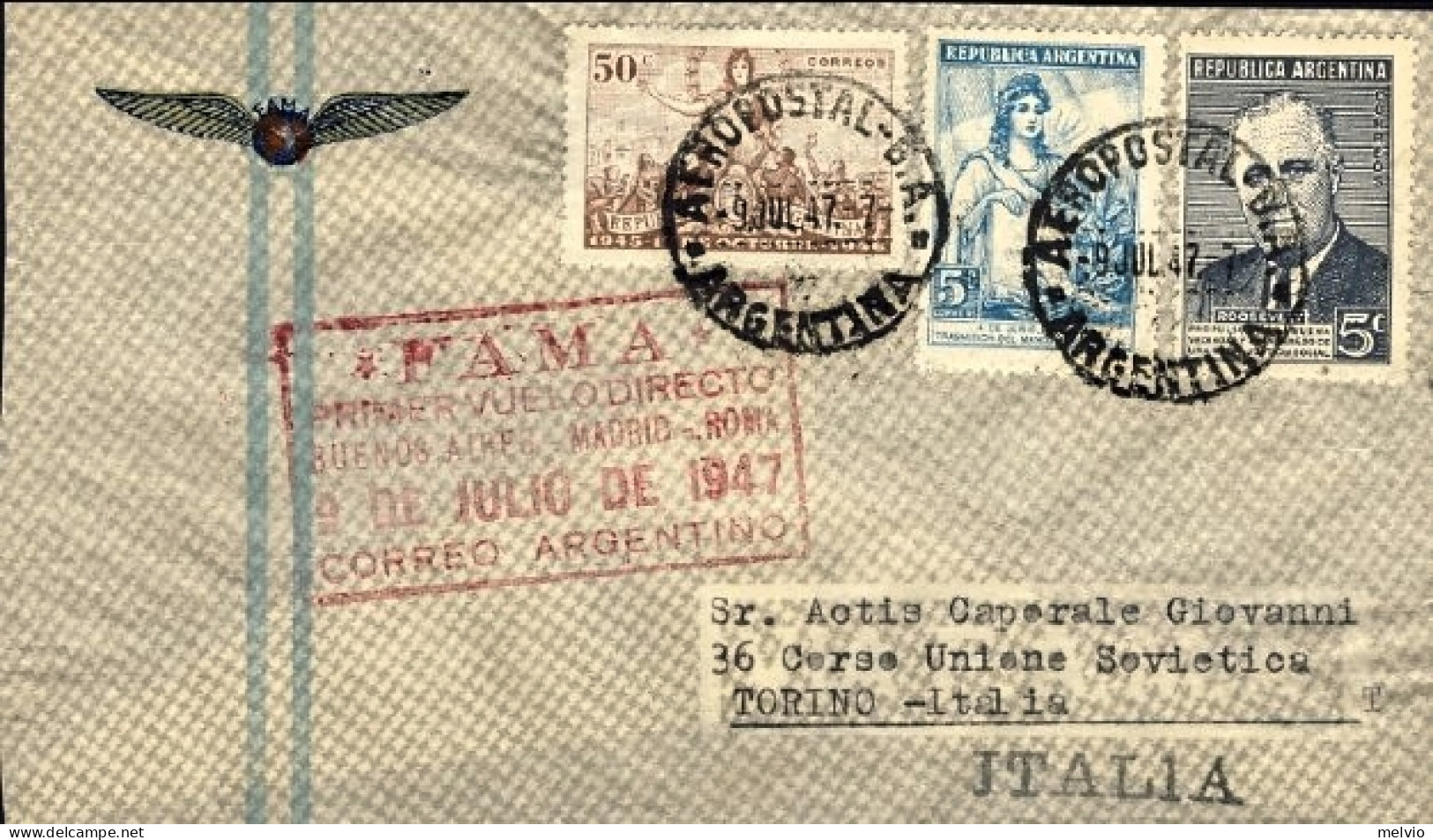 1947-Argentina I^volo Diretto Senza Scalo Per L'Europa F.A.M.A.  Buenos Aires Ro - Aéreo