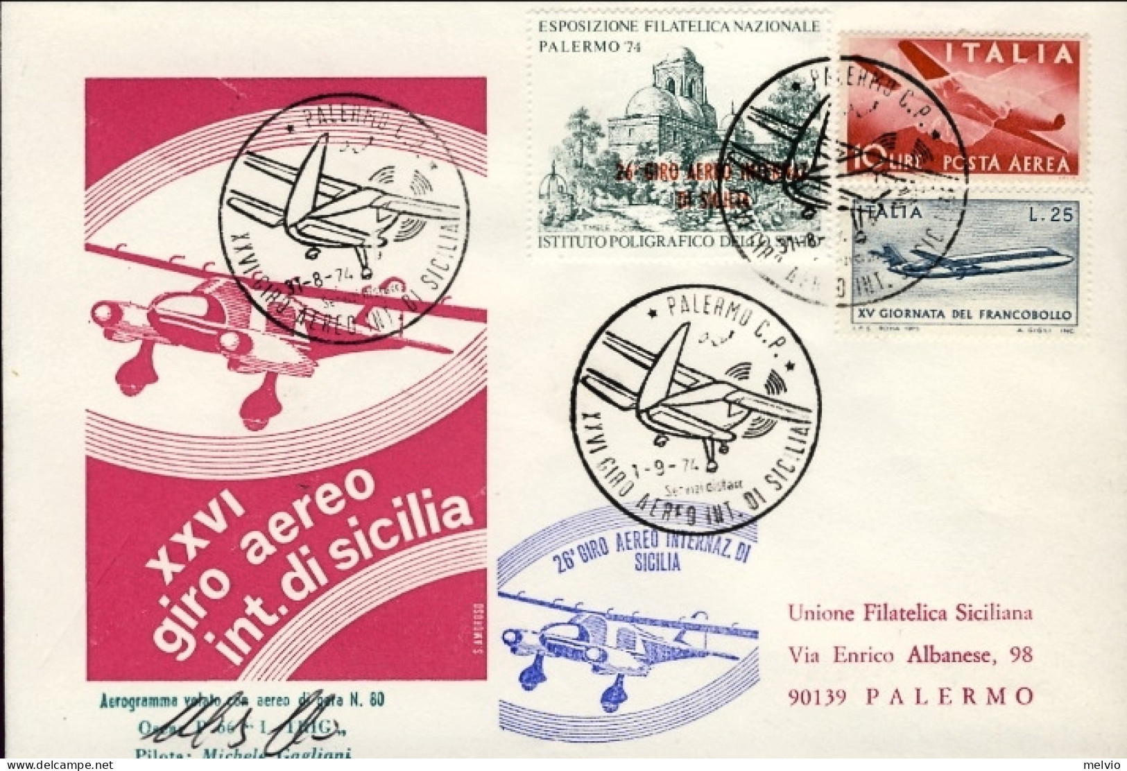 1974-per Il XXVI Giro Aereo Internazionale Di Sicilia Firma Del Pilota+erinnofil - Erinofilia