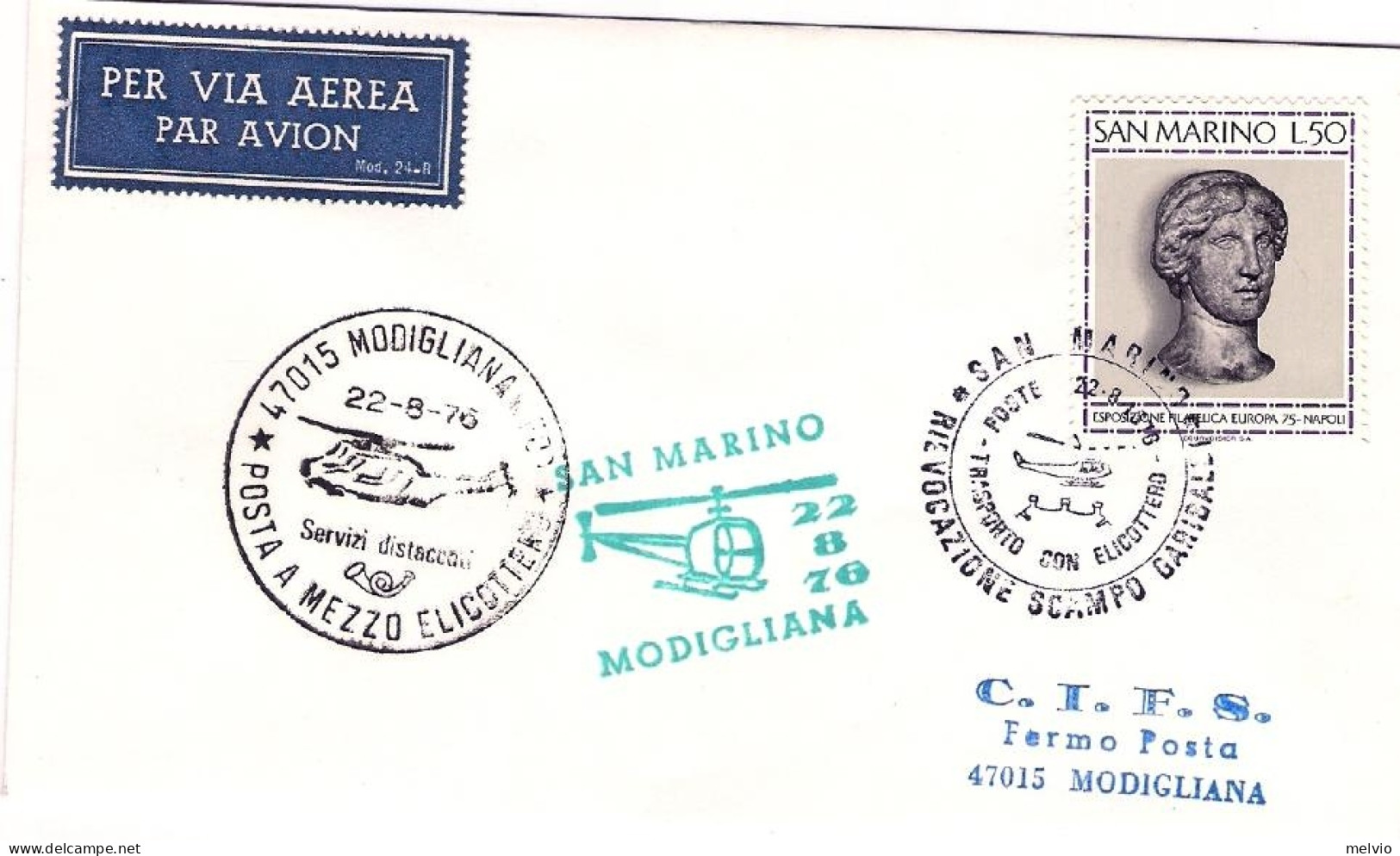 San Marino-1976 Rievocazione Scampo Garibaldi Trasporto A Mezzo Elicottero Rimin - Corréo Aéreo