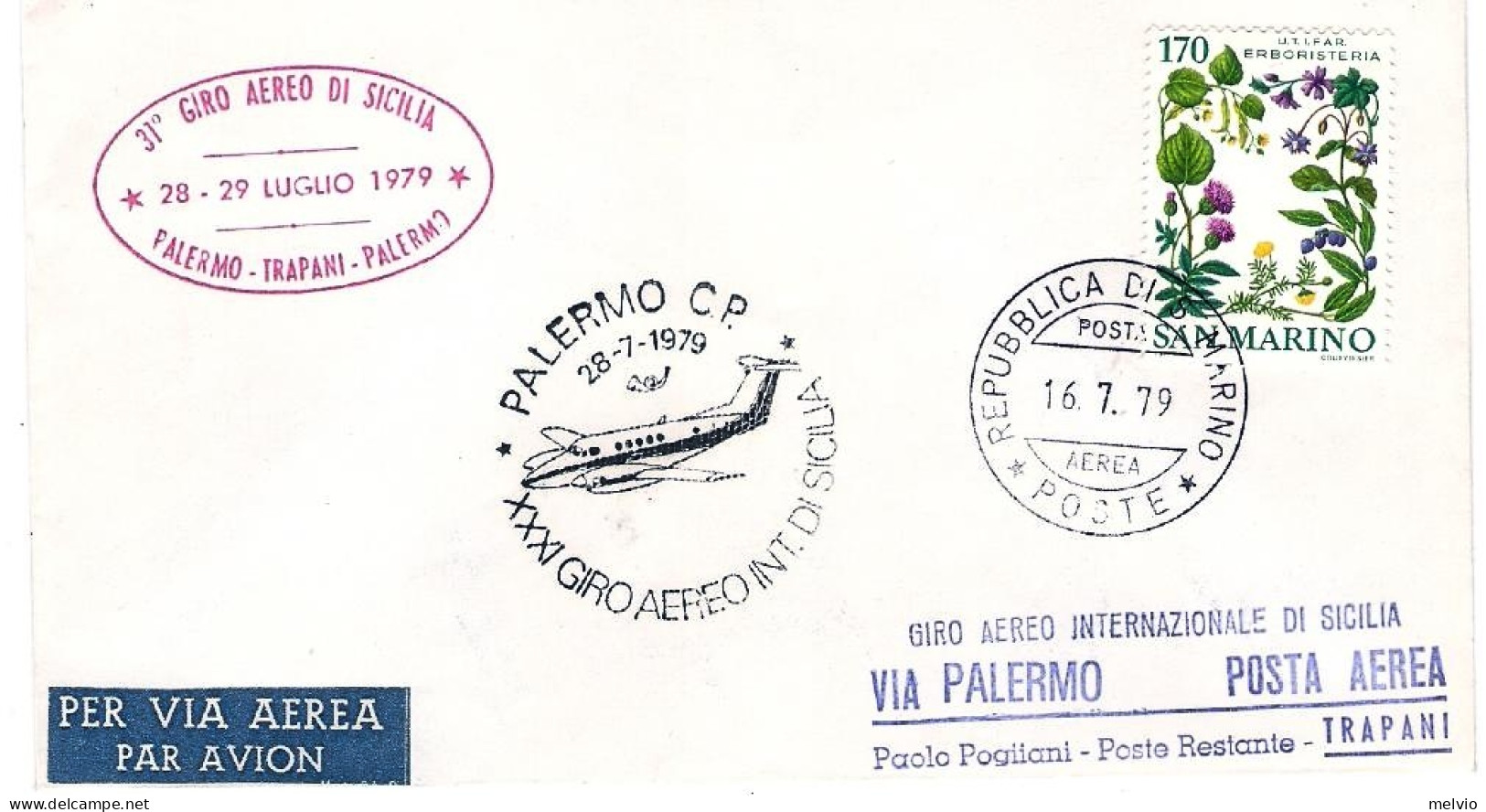 San Marino-1979 31^ Giro Aereo Internazionale Di Sicilia,firma Del Pilota - Corréo Aéreo