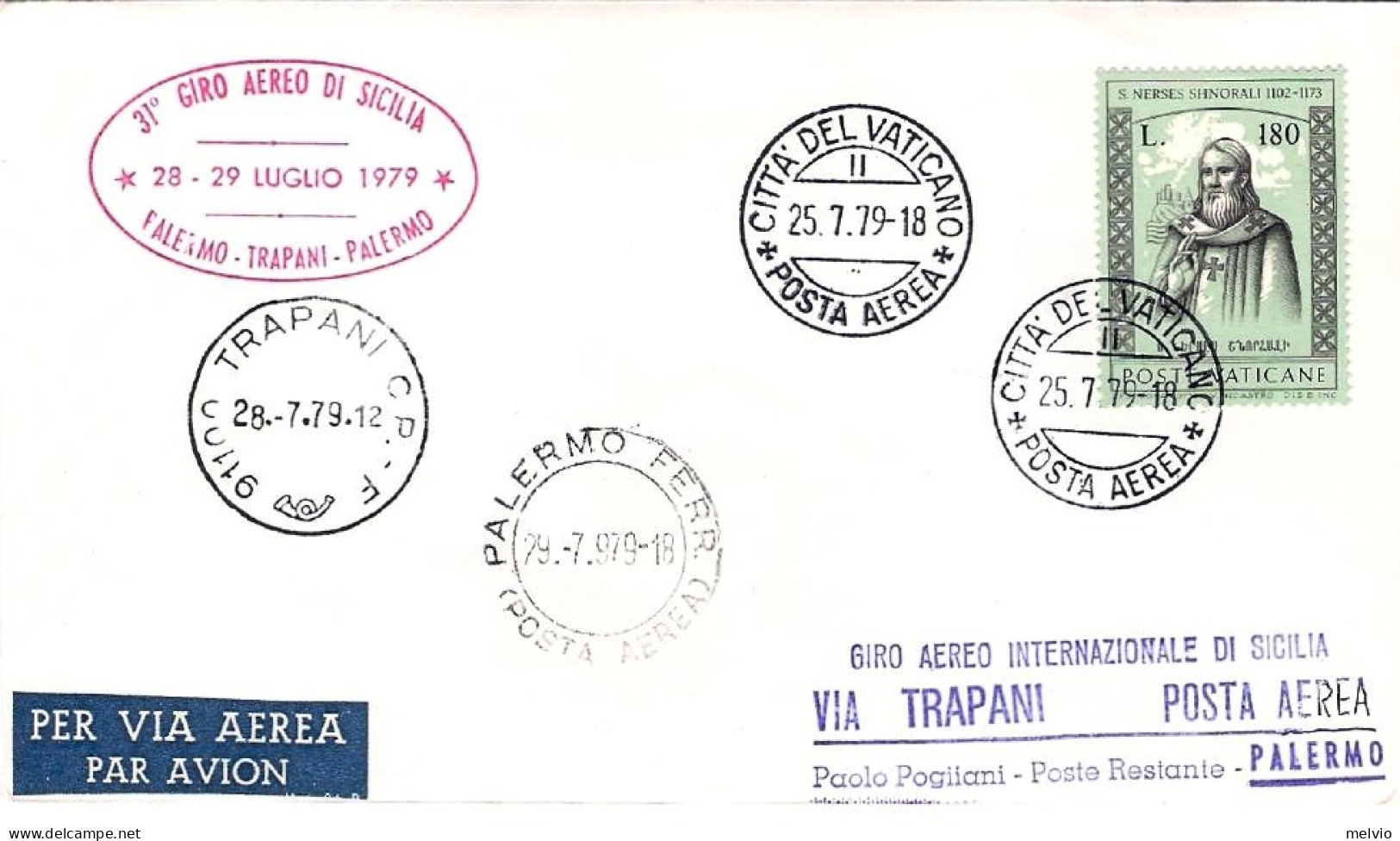 Vaticano-1979 31^ Giro Aereo Internazionale Di Sicilia,firma Del Pilota - Luchtpost