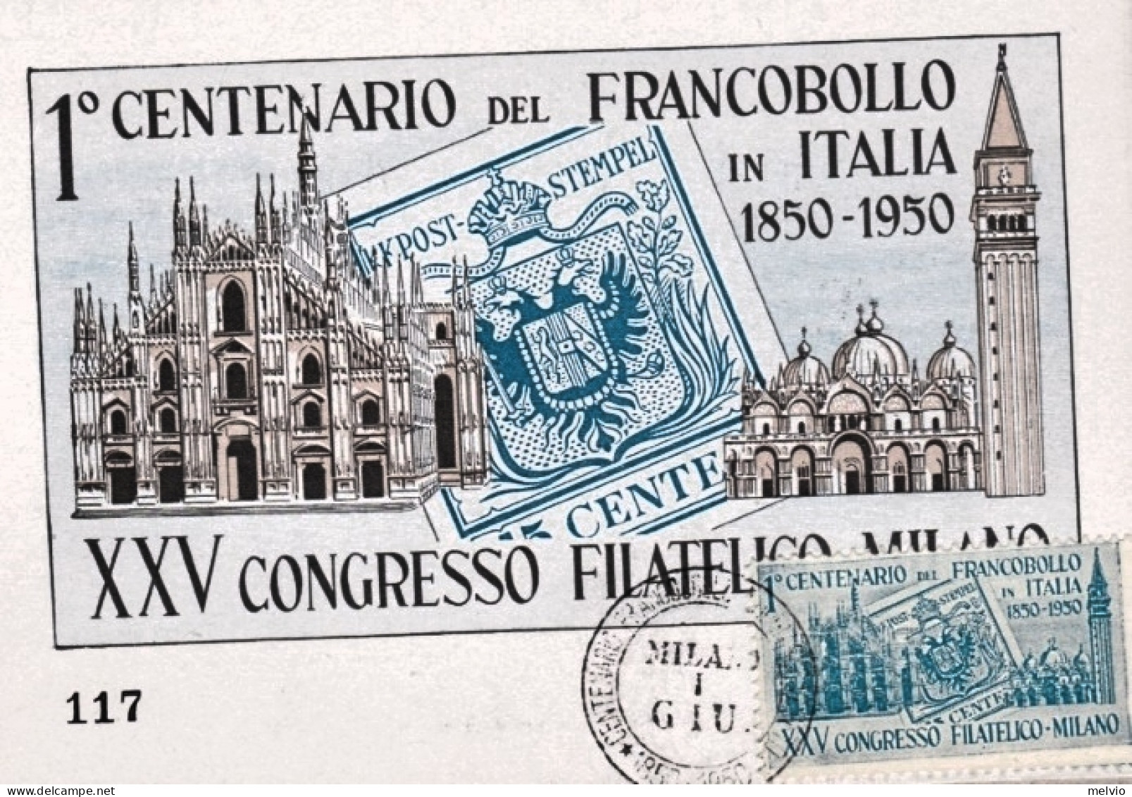 1950-XXV Congresso Filatelico Milano, Con Erinnofilo Azzurro 1^ Centenario Del F - Vignetten (Erinnophilie)