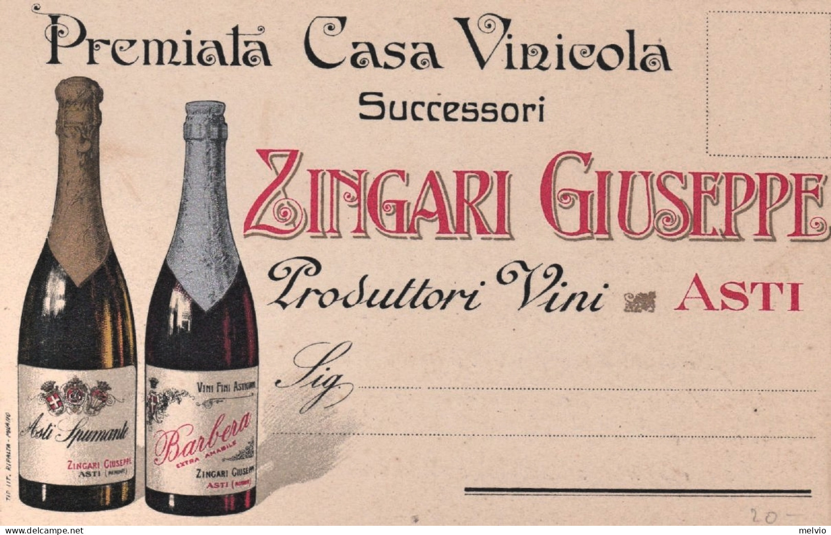 1930ca.-Premiata Casa Vinicola Zingari Produttore Vini Asti - Asti