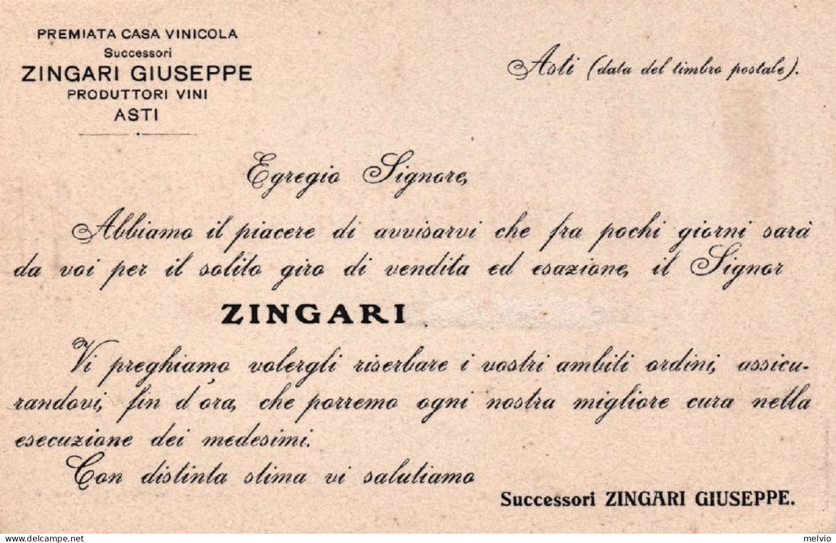 1930ca.-Premiata Casa Vinicola Zingari Produttore Vini Asti - Asti