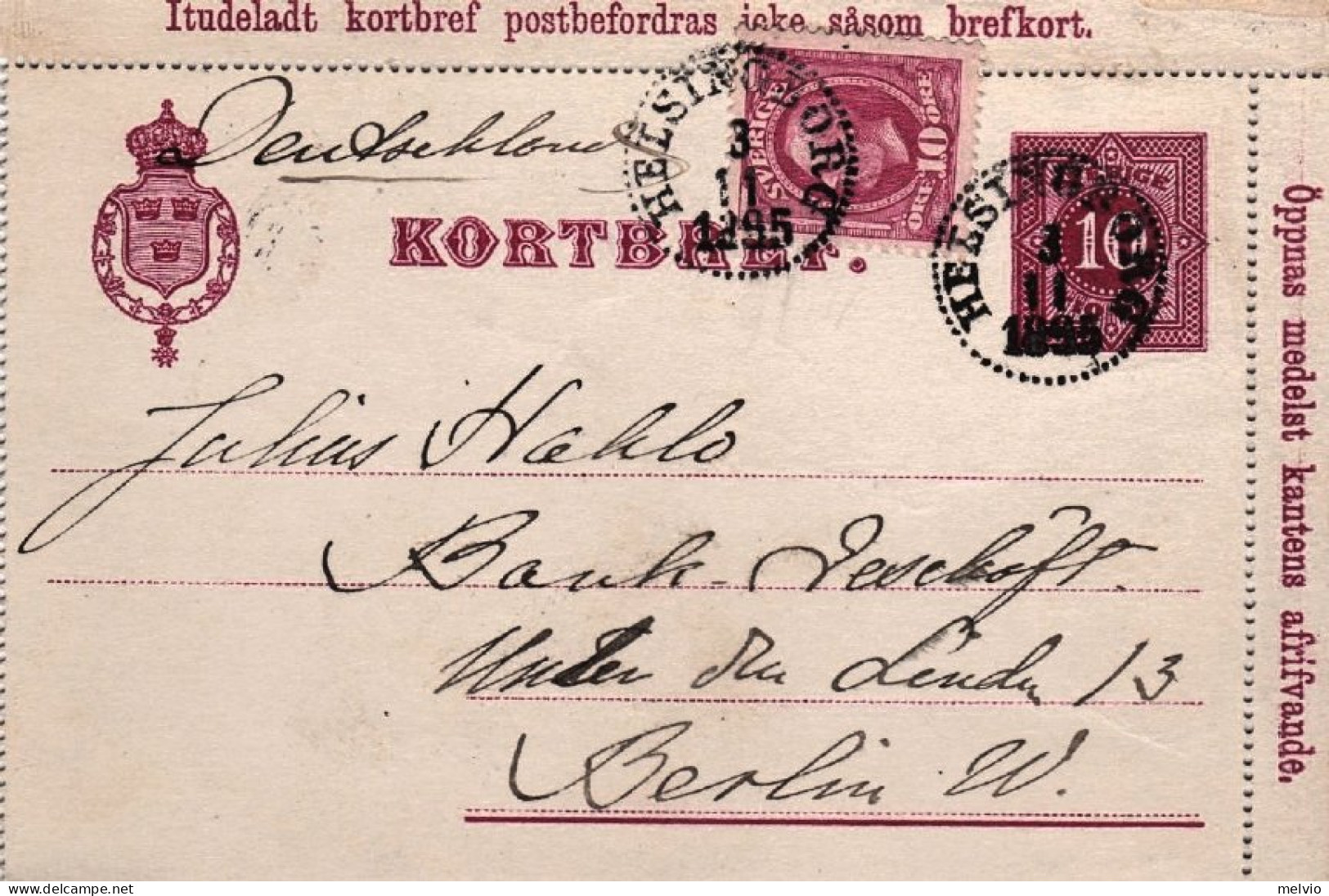 1895-Svezia Kortbref 10o.con Affrancatura Aggiunta - Andere & Zonder Classificatie