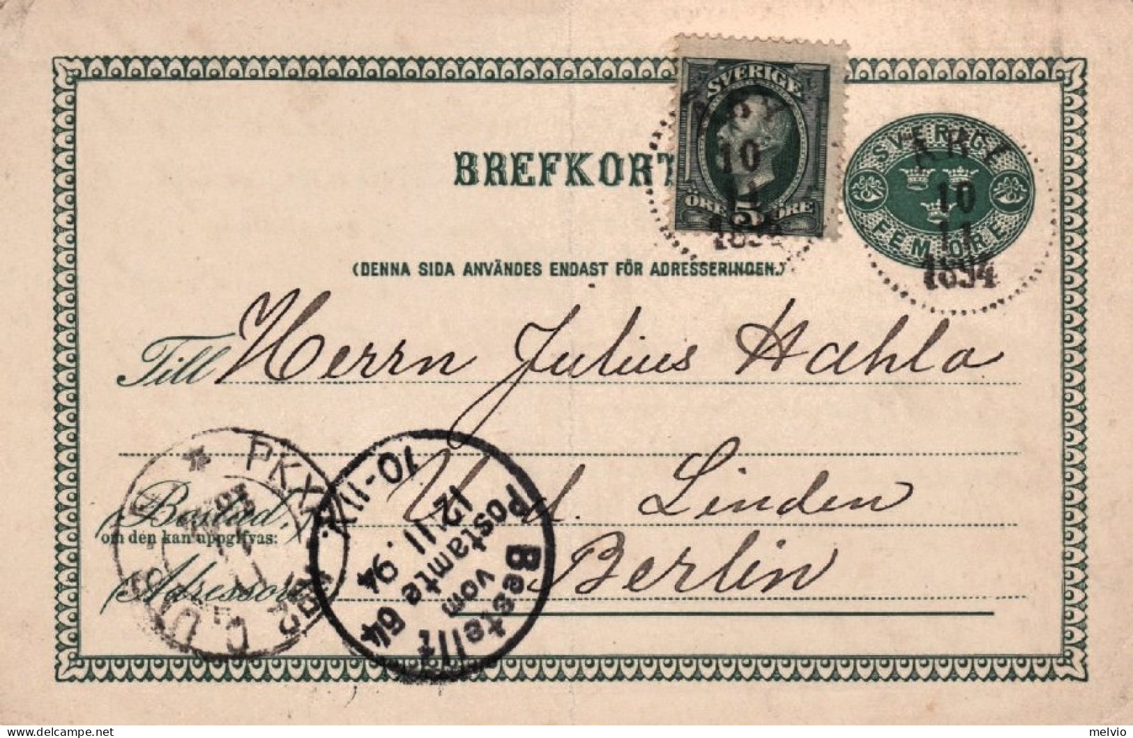 1894-Svezia Brefkort 5o.con Affrancatura Aggiunta - Andere & Zonder Classificatie