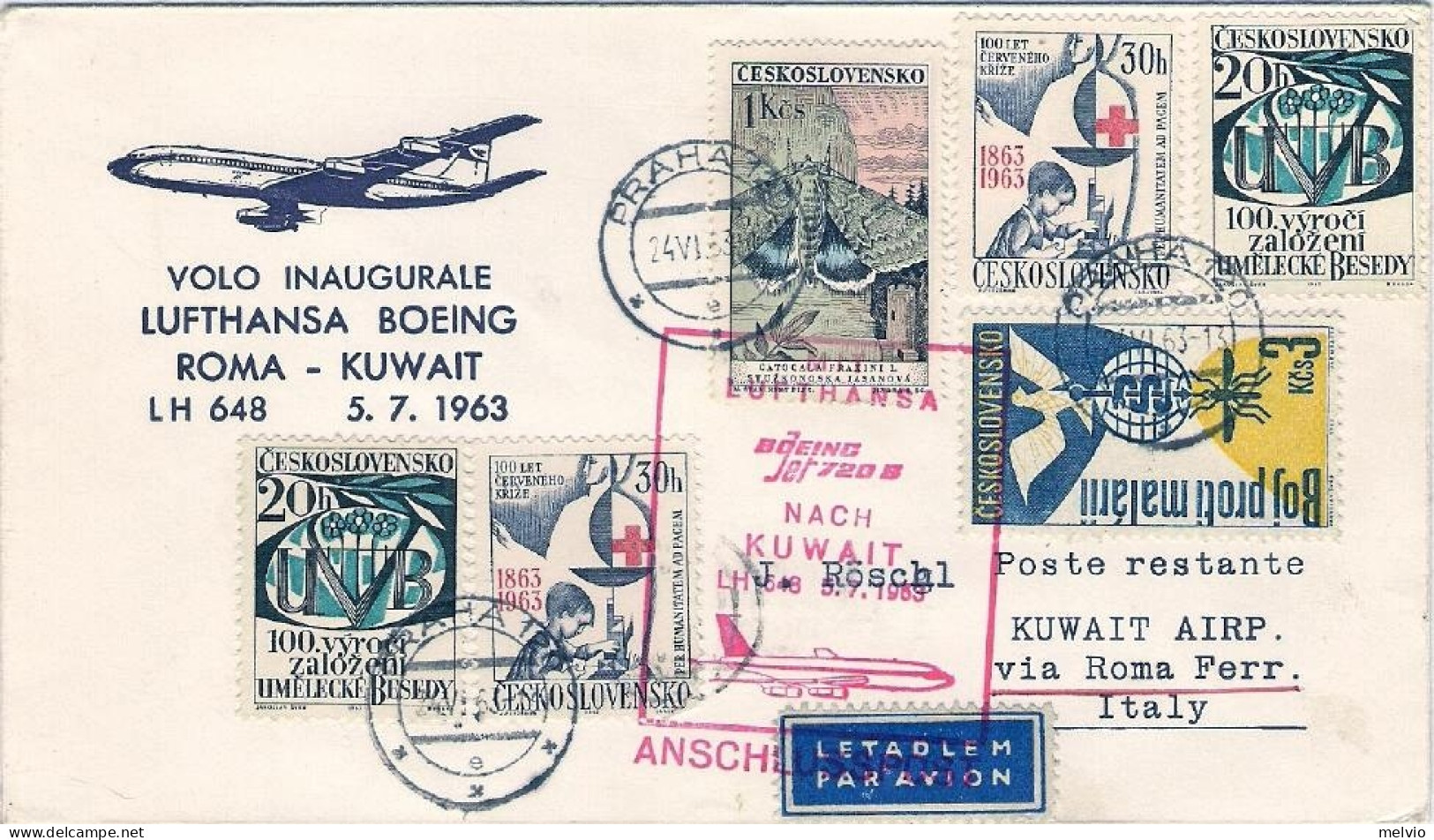 1963-Cecoslovacchia Lufthansa I^volo Boeing 720 B Rotta Per L'estremo Oriente Tr - Kuwait