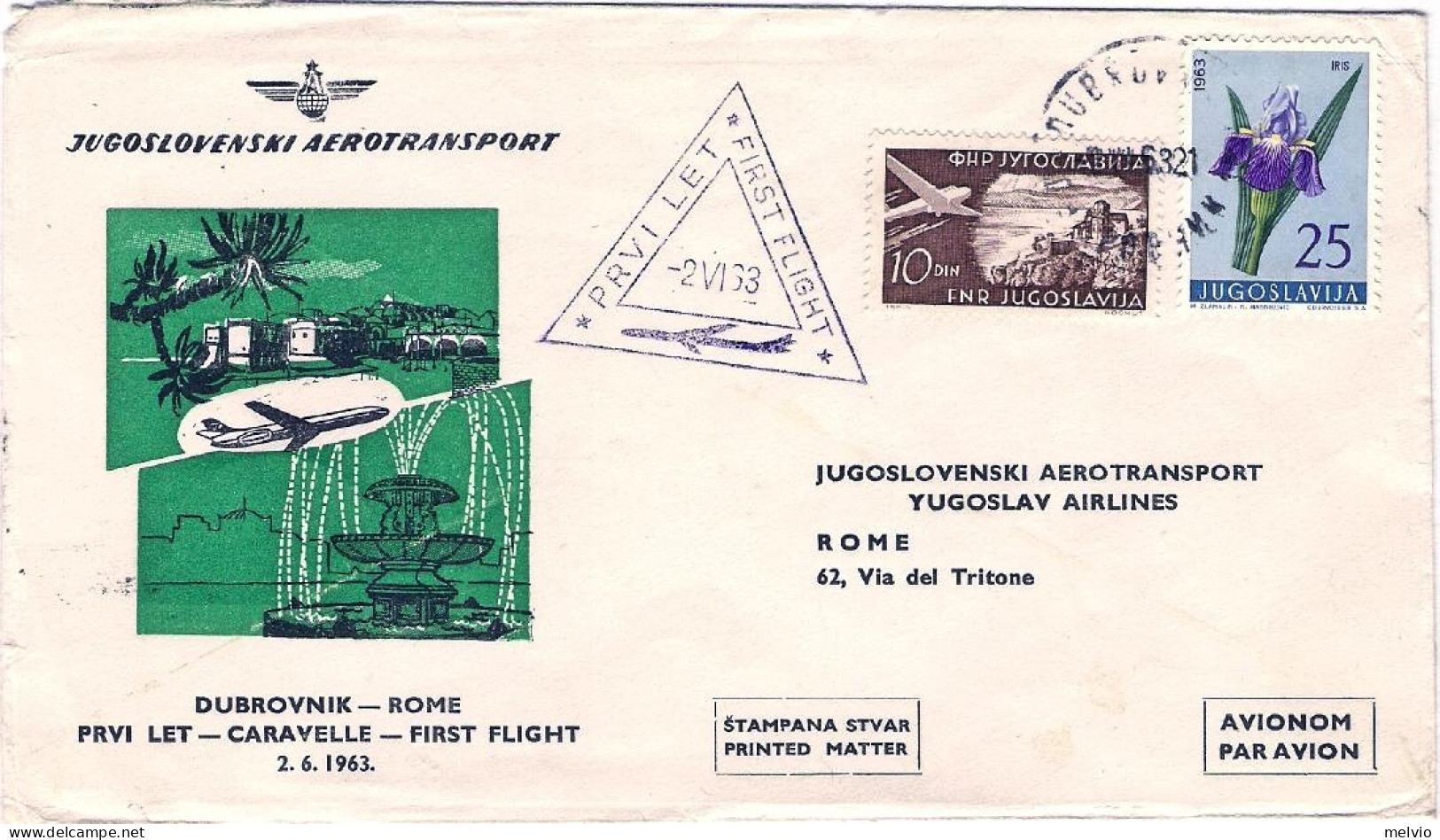 1963-Jugoslavia J.A.T. I^volo Dubrovnik Roma Del 2 Giugno - Luchtpost