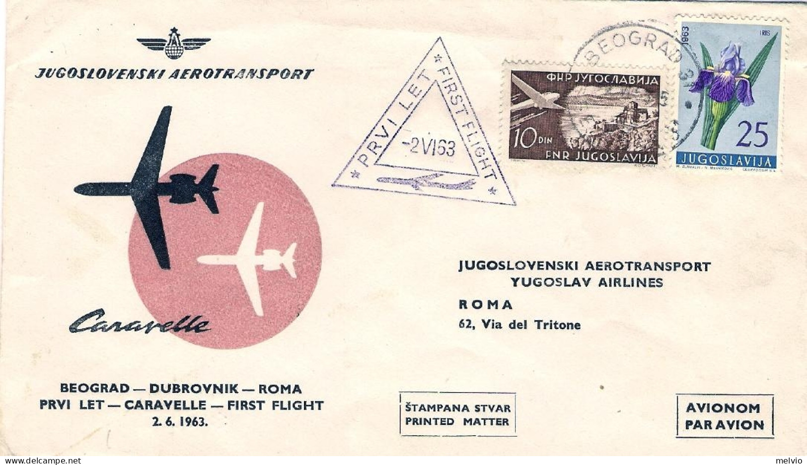 1963-Jugoslavia I^volo JAT Caravelle Belgrado Roma Del 2 Giugno Catalogo Pellegr - Aéreo