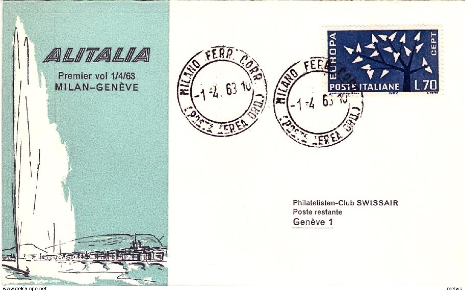 1963-Alitalia I^volo Milano Ginevra Del 1 Aprile - 1961-70: Poststempel