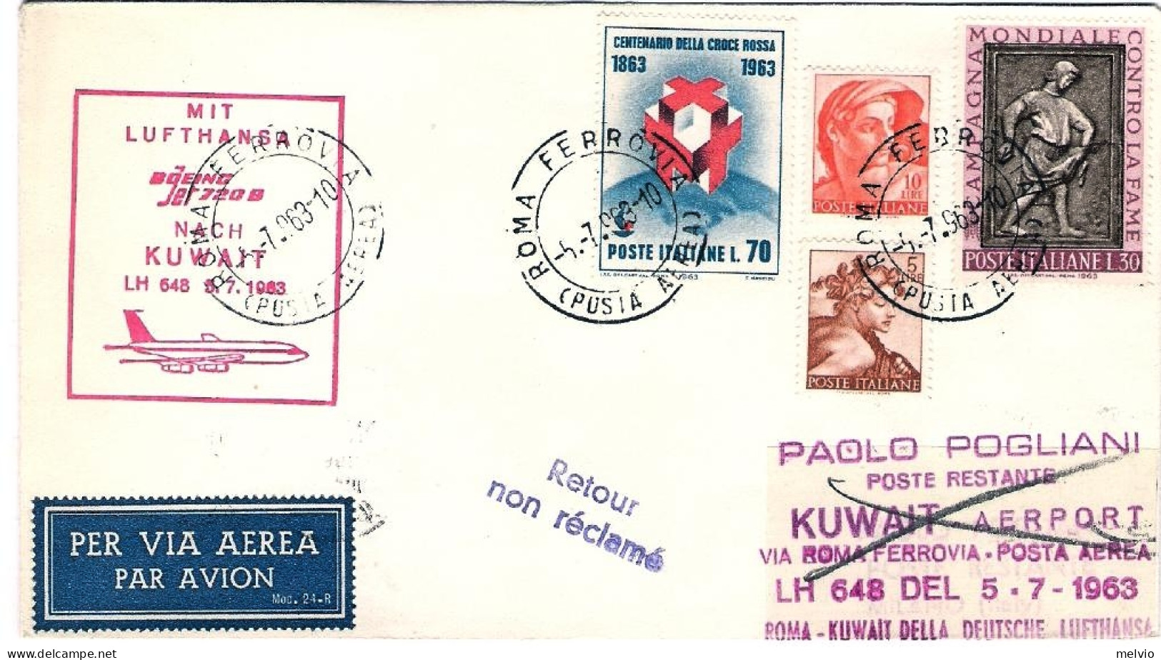 1963-Lufthansa I^volo Boeing 720 B Rotta Per L'estremo Oriente Tratta Roma Kuwai - Kuwait