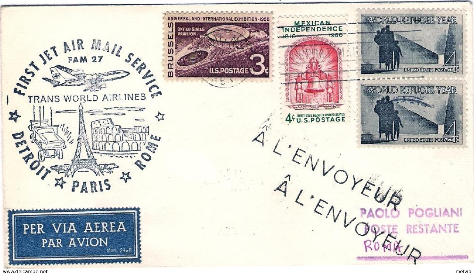 1963-U.S.A. TWA Fam 27 I^volo Postale Dispaccio Dall'aeroporto Detroit Roma Del  - Andere & Zonder Classificatie