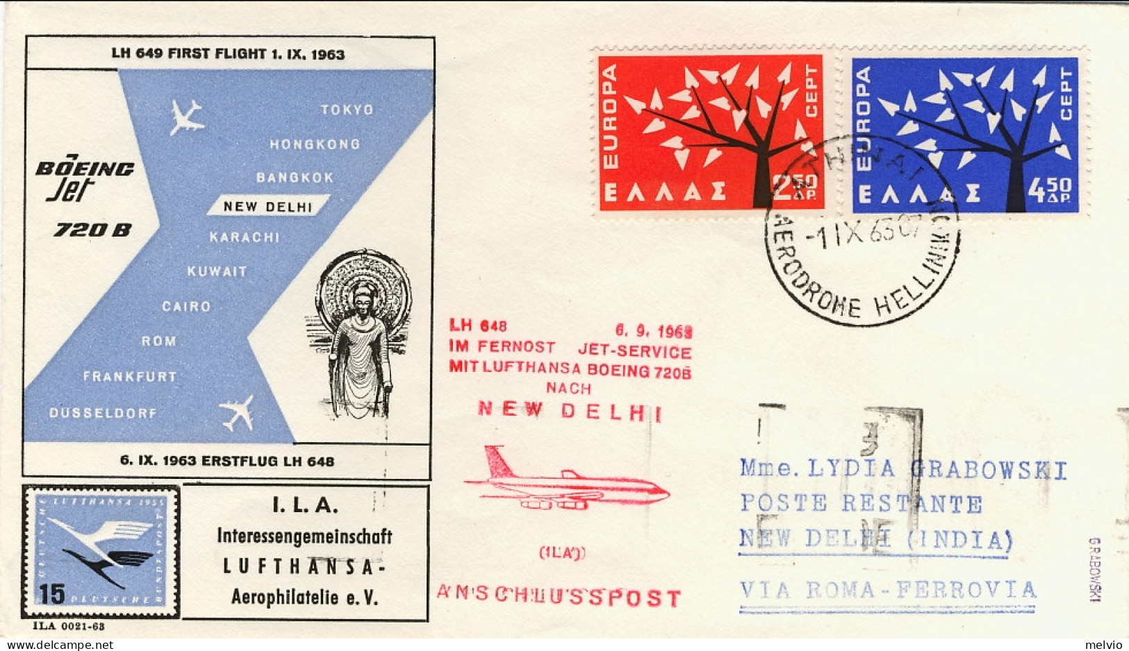 1963-Grecia I^volo Lufthansa LH 649 Atene New Delhi Via Roma Del 6 Settembre - Cartas & Documentos
