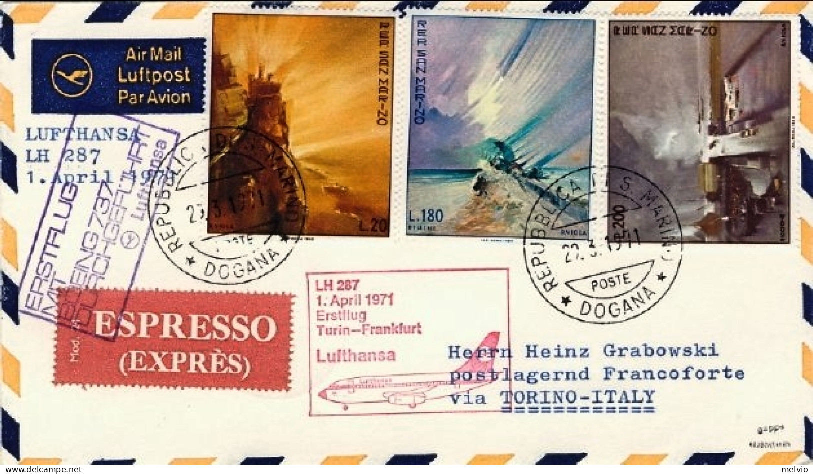 San Marino-1971 I^volo Lufthansa LH 287 Torino Francoforte Del 1 Aprile+timbro S - Luftpost