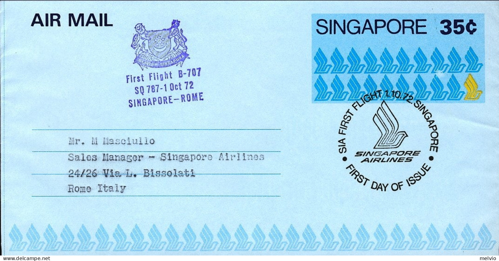 1972-Singapore I^volo B-707 Singapore Roma Del 1 Ottobre Catalogo Pellegrini Eur - Singapur (1959-...)