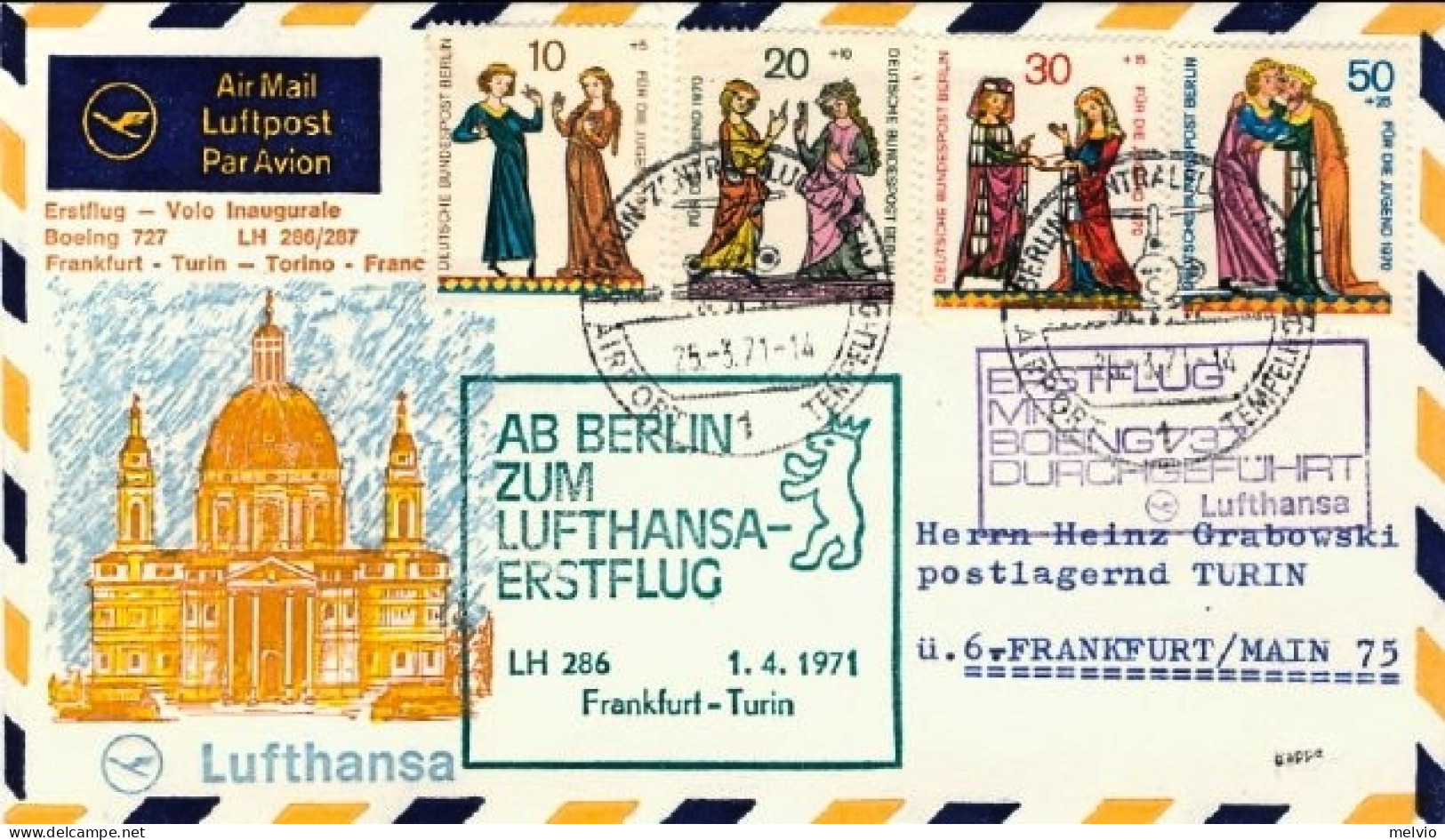 1971-Germany Germania Berlino I^volo Lufthansa LH 286 Francoforte Torino Del 1 A - Ongebruikt