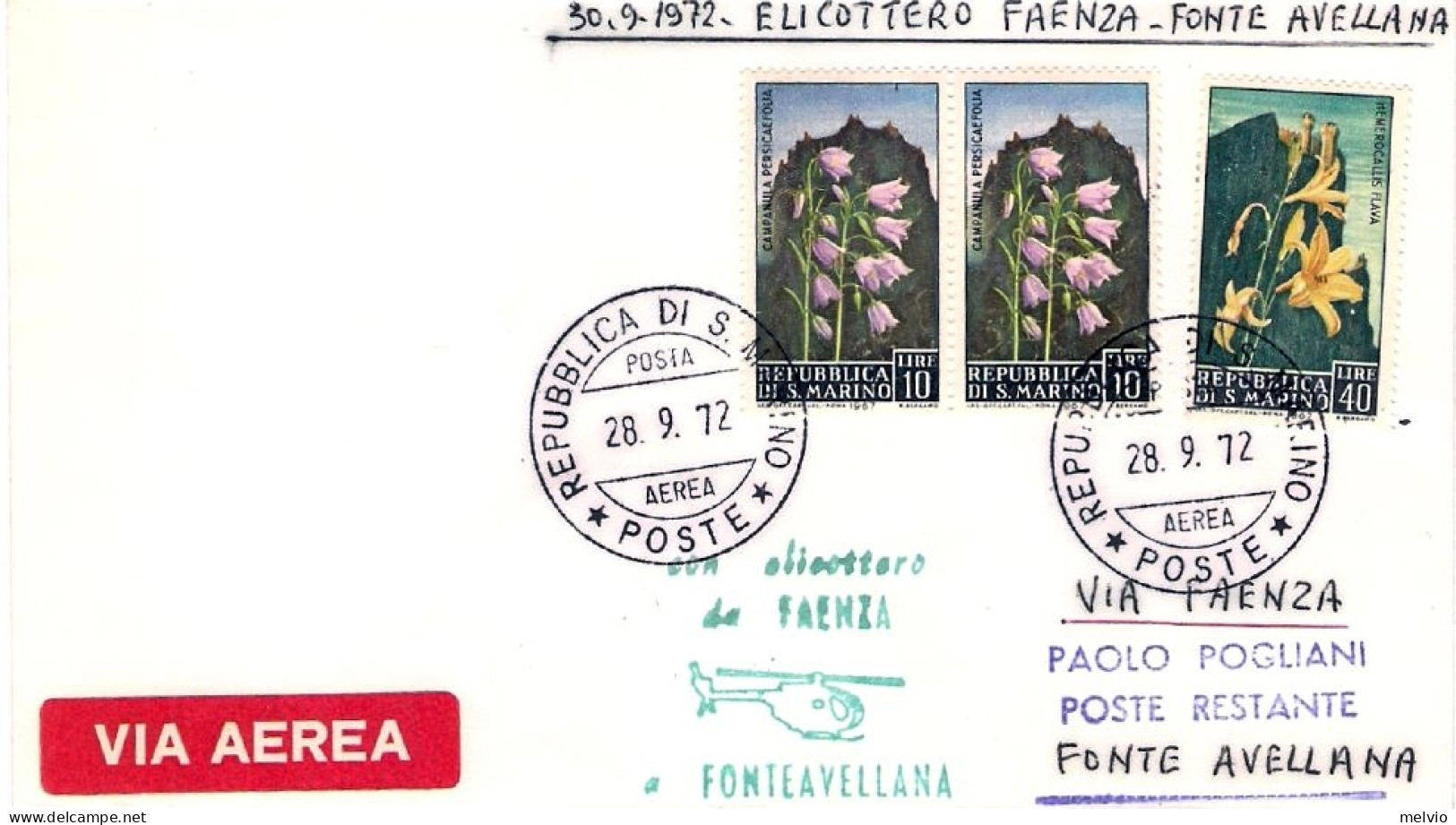 San Marino-1972 Posta Con Elicottero Da Faenza A Fonte Avellana Del 30 Settembre - Luftpost