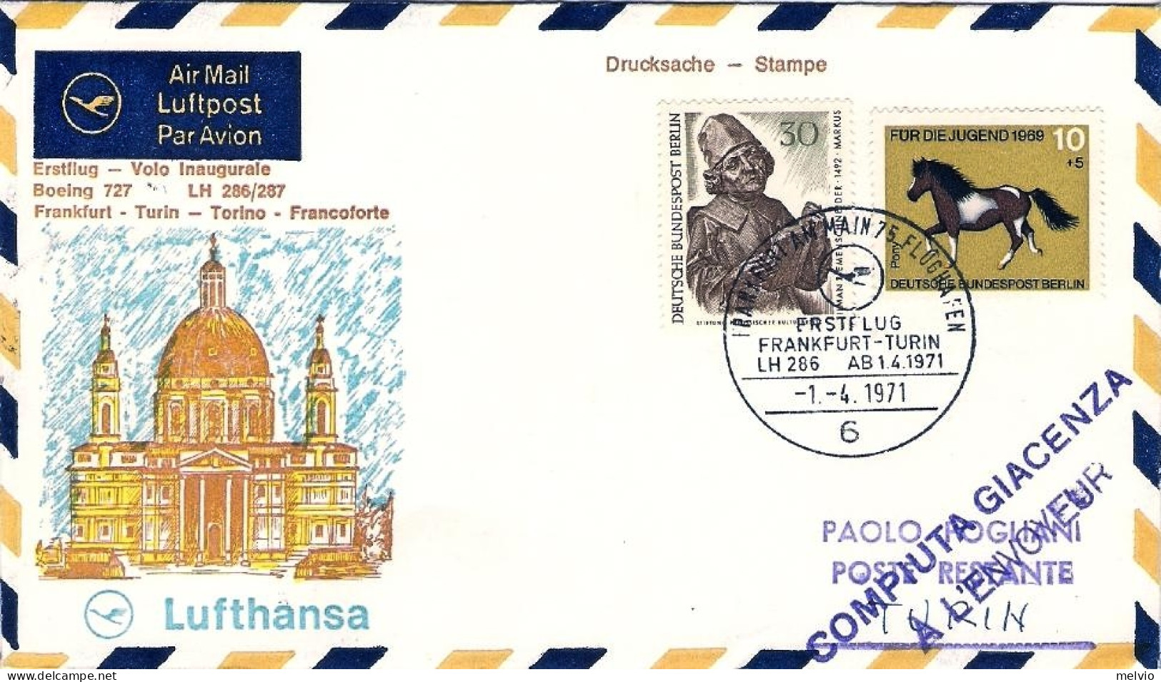 1971-Germania Berlino I^volo Lufthansa LH 287 Francoforte Torino Del 1 Aprile (1 - Ungebraucht