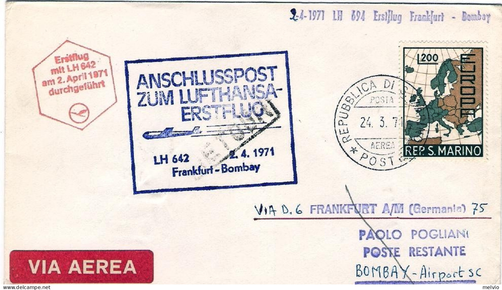 San Marino-1971 I^volo Lufthansa LH 642 Francoforte Bombay Del 2 Aprile - Luftpost