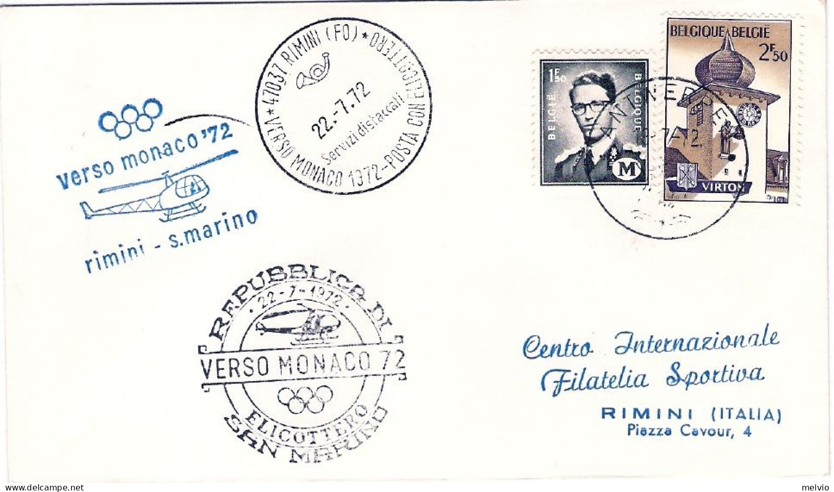 1972-Belgique Belgium Belgio Posta Con Elicottero Verso Monaco '72 Rimini-San Ma - Lettres & Documents