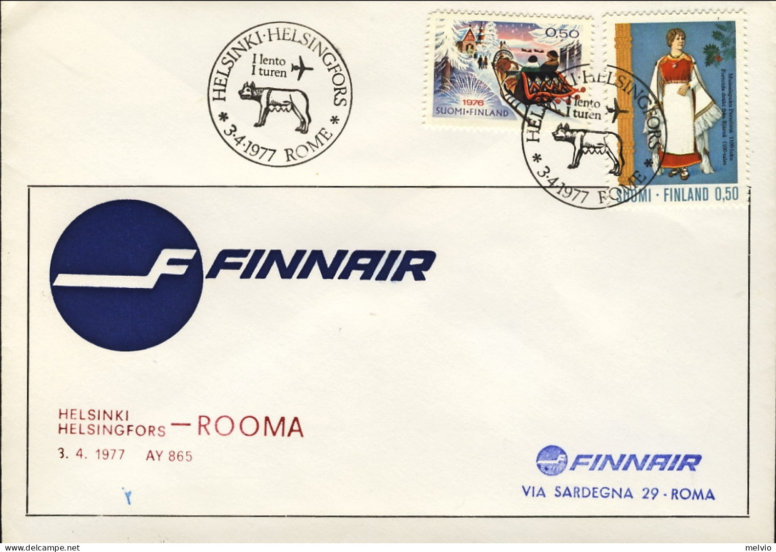 1977-Finlandia Della Finnair I^volo Helsinki Roma Del 3 Aprile - Lettres & Documents