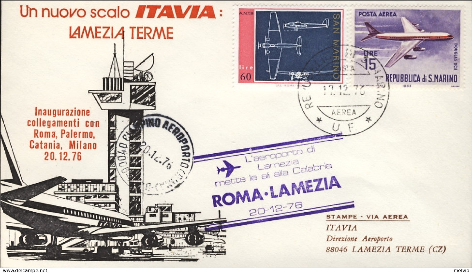 San Marino-1976 Con Bollo L'aeroporto Di Lamezia Terme Mette Le Ali Alla Calabri - Luftpost