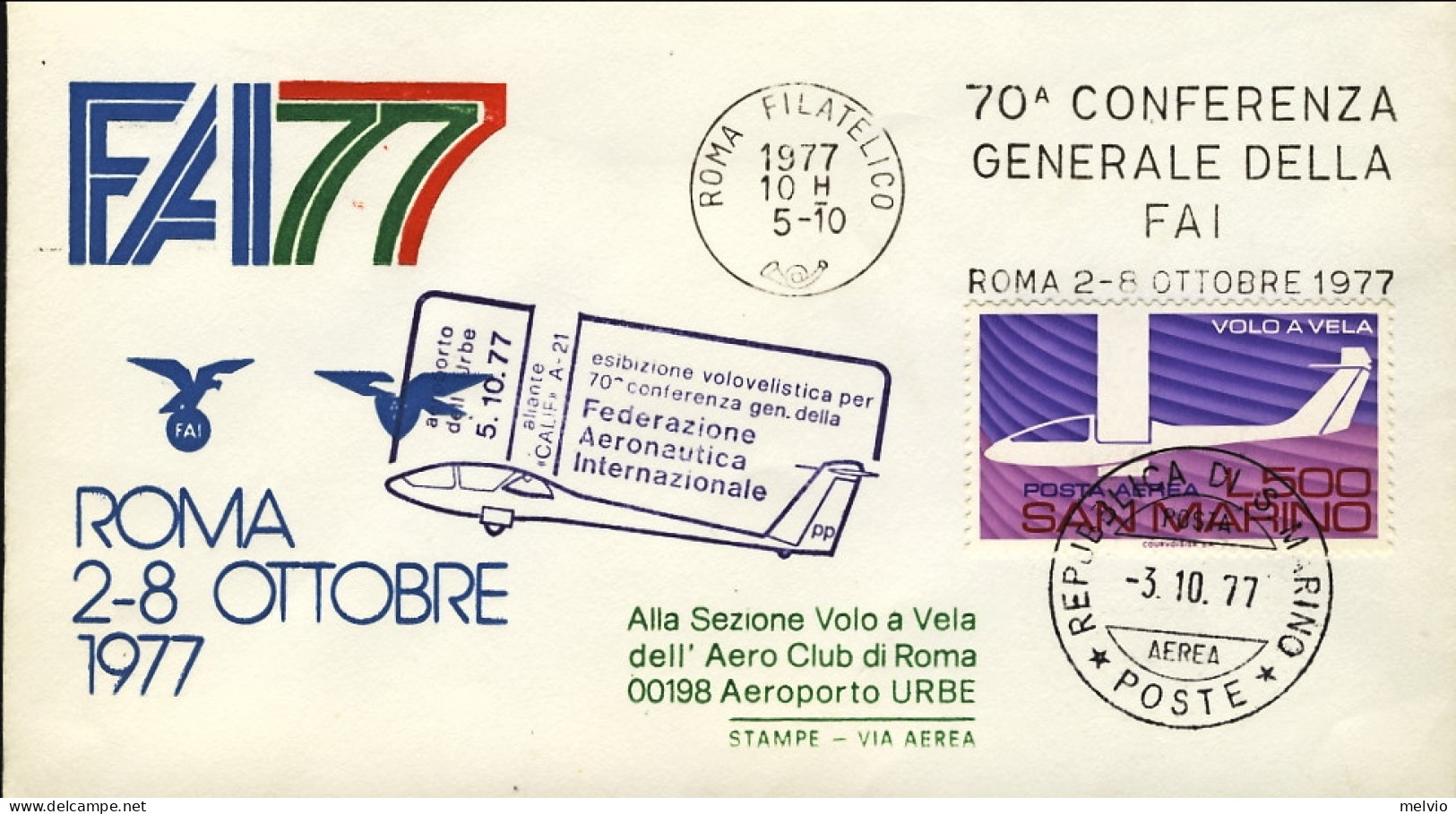 San Marino-1977 FAI77 Bollo Aliante "Calif A-21" Aeroporto Dell'urbe Esibizione  - Luftpost