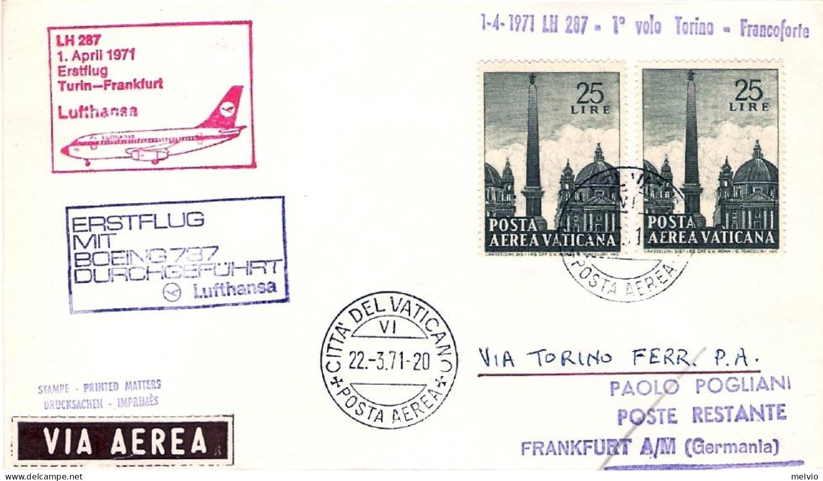 Vaticano-1971 I^volo Lufthansa LH 287 Torino Francoforte Del 1 Aprile (25 Pezzi  - Luftpost