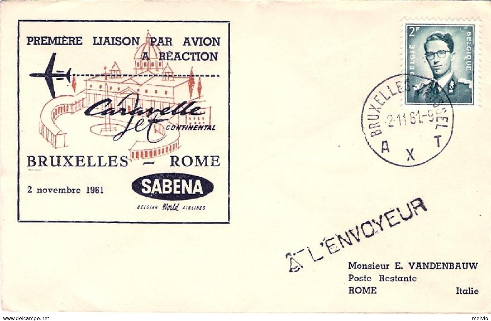 1961-Belgique Belgium Belgio Sabena I^volo Caravelle Bruxelles Roma Del 2 Novemb - Brieven En Documenten