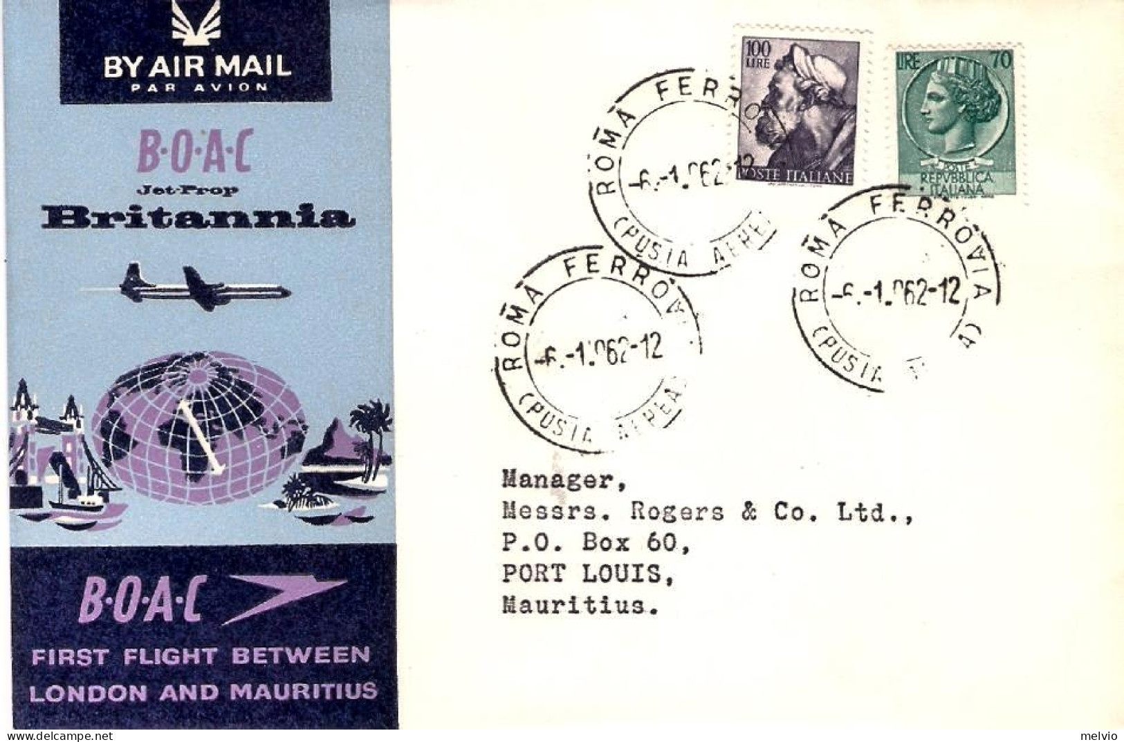1962-BOAC I^volo Roma Port Louis (Mauritius) Del 6 Gennaio - Mauricio (1968-...)