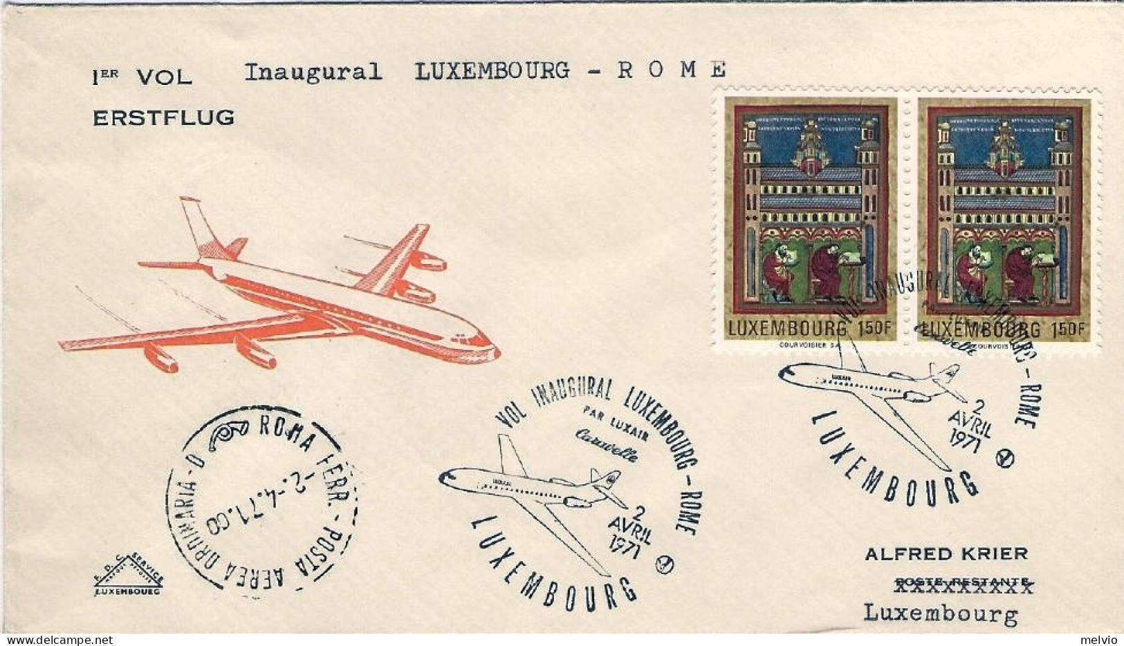 1971-Luxembourg Lussemburgo I^volo Luxair Caravelle Lussemburgo Roma Del 2 April - Storia Postale