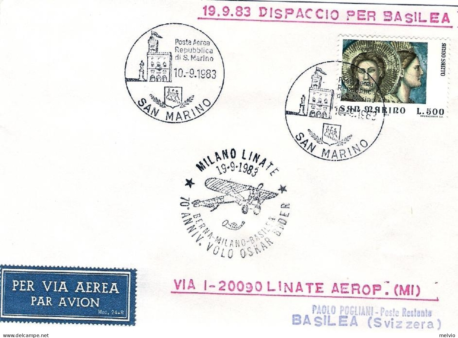 San Marino-1983 Dispaccio Per Basilea Cachet 70^ Anniversario Volo Oskar Bider B - Luftpost