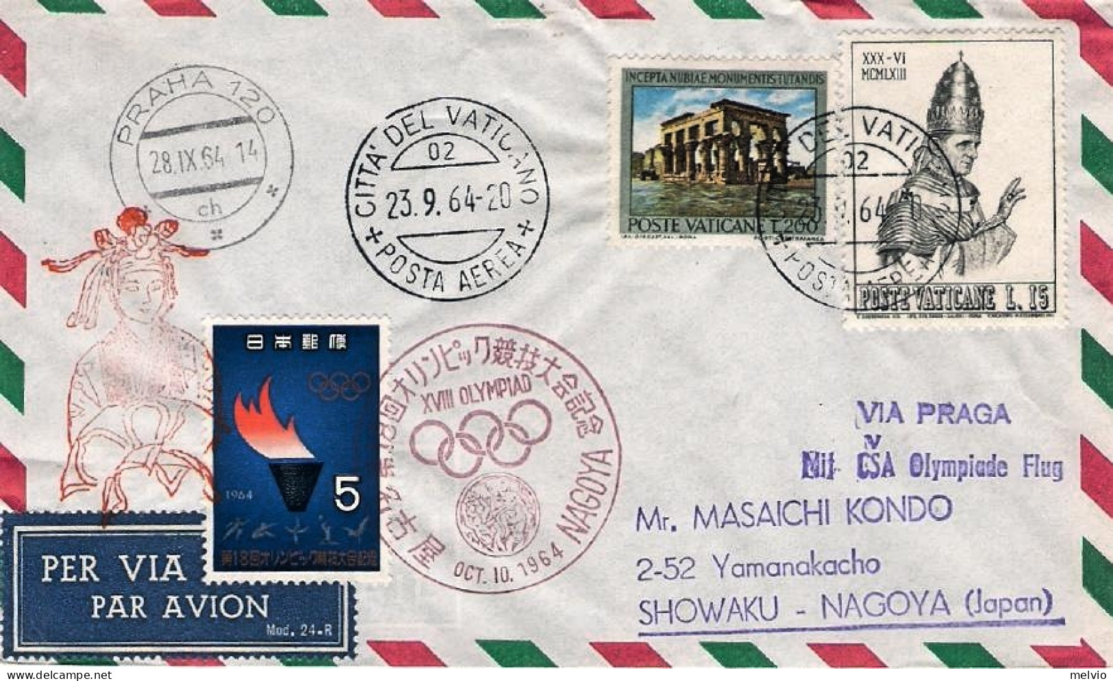 Vaticano-1964 Diretto A Showaku Nagoya "Mit CSA Olympiade Flug Via Praha"cachet  - Poste Aérienne