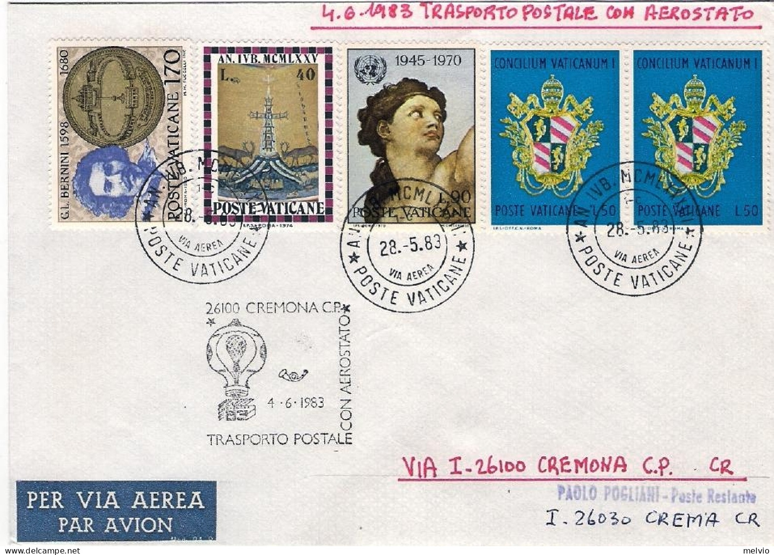 Vaticano-1983 Trasporto Postale Con Aerostato Cremona Crema Del 4 Giugno + Erinn - Poste Aérienne